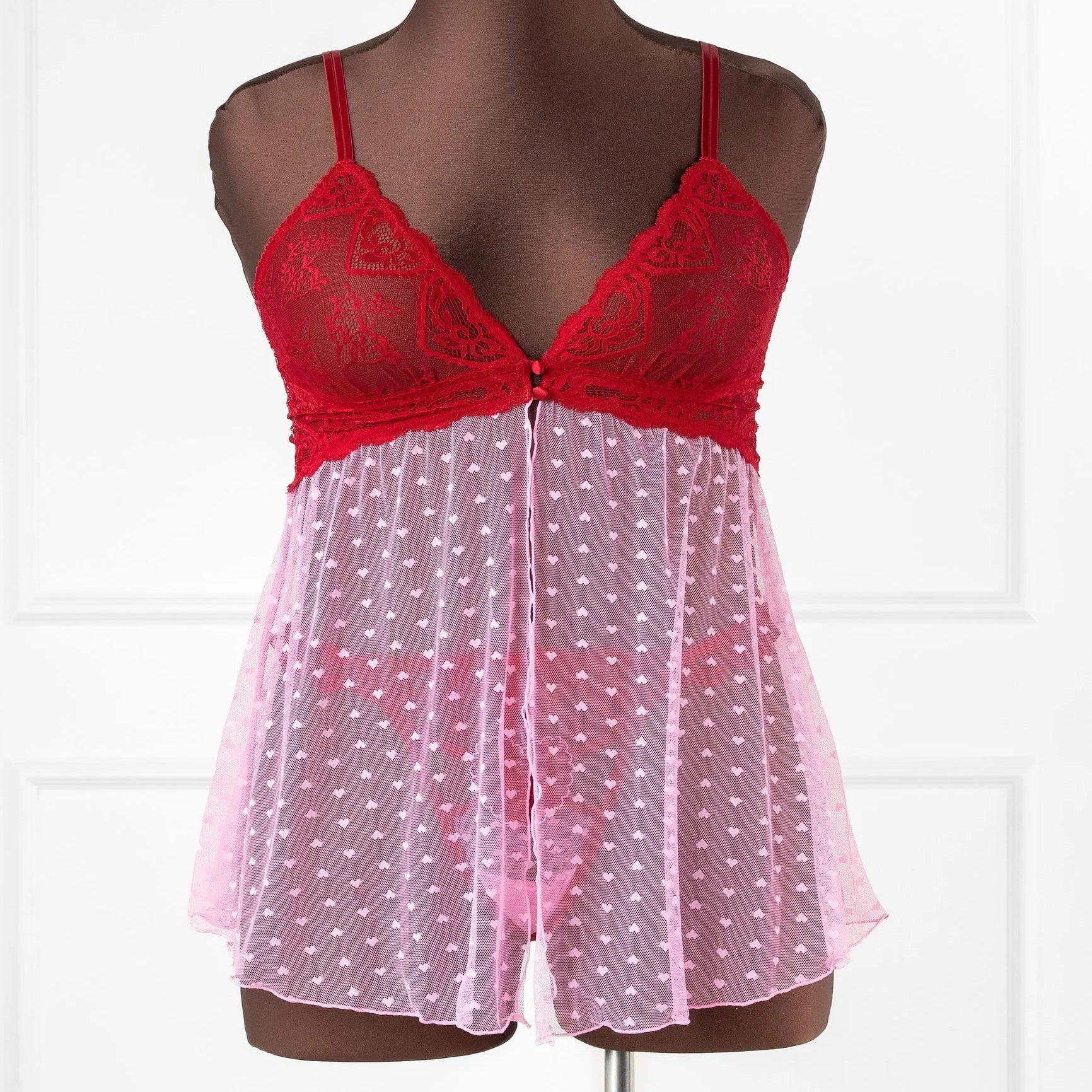 Heart Lace & Mesh Button Babydoll - Red - Image 3