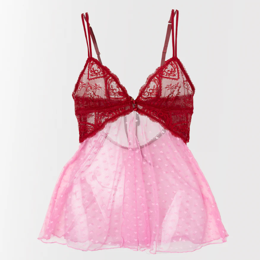 Heart Lace & Mesh Button Babydoll - Red - Image 4
