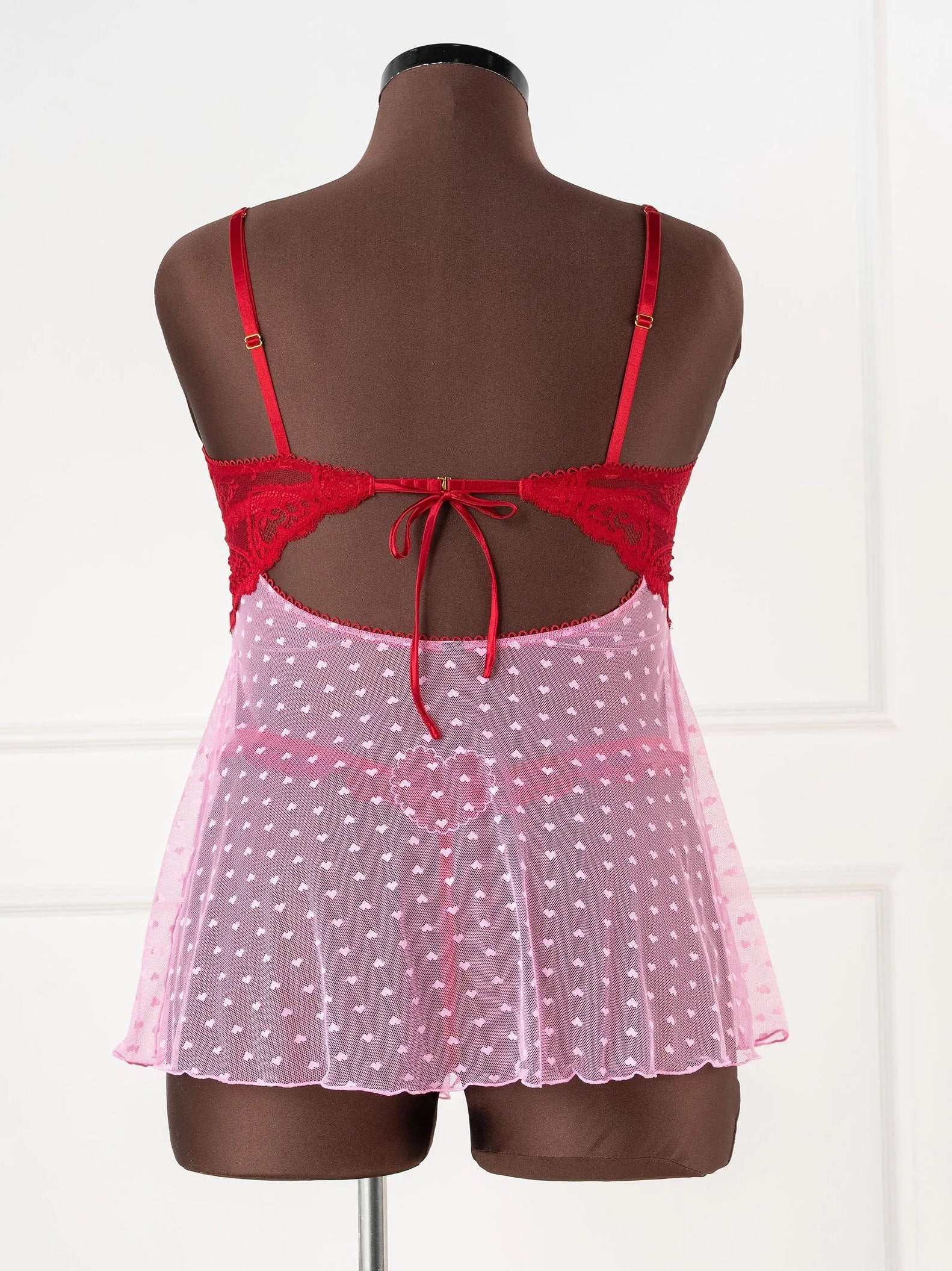 Heart Lace & Mesh Button Babydoll - Red - Image 5