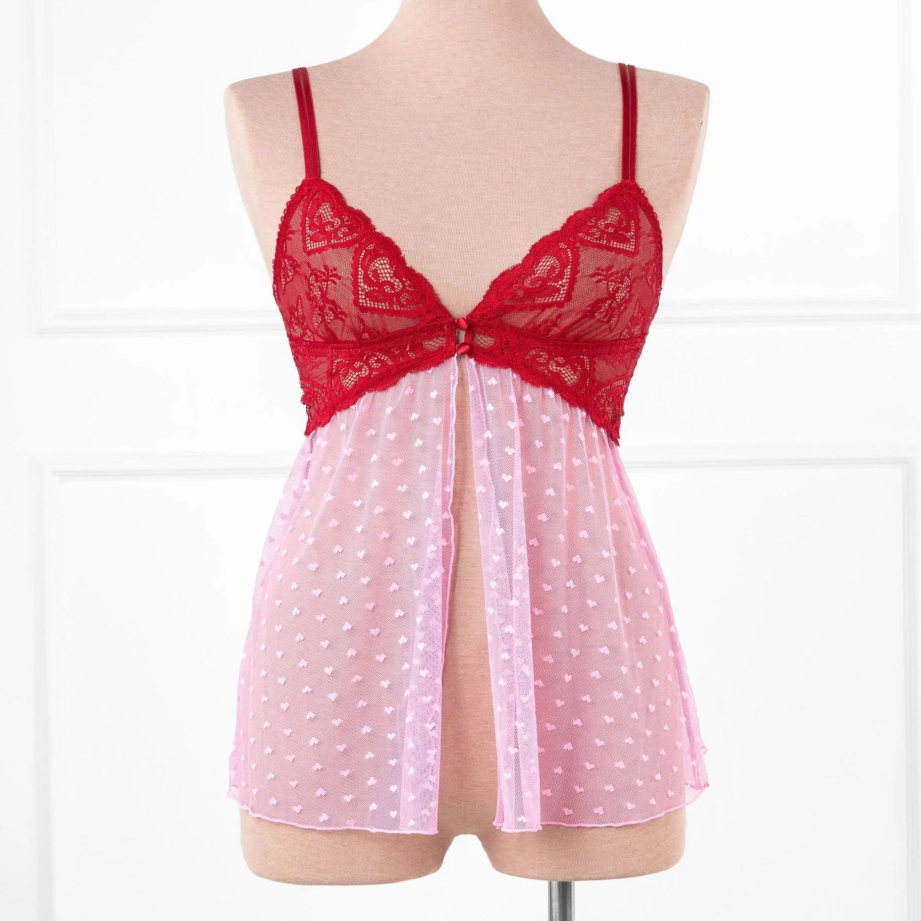Heart Lace & Mesh Button Babydoll - Red - Image 7