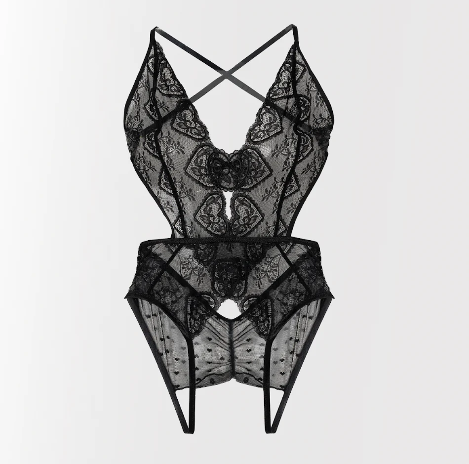 Heart Lace & Mesh Crotchless Teddy - Black - Image 22