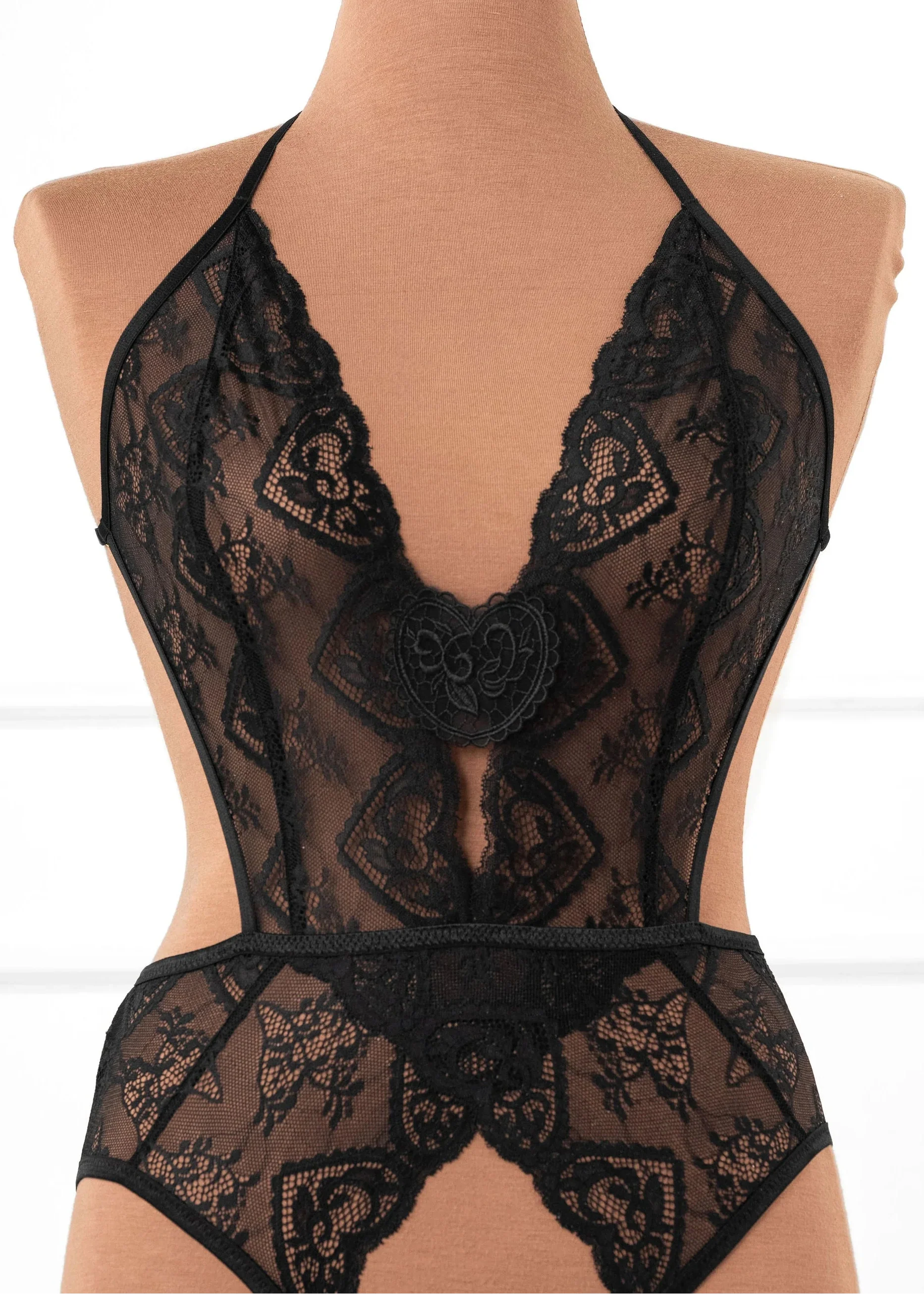 Heart Lace & Mesh Crotchless Teddy - Black - Image 5