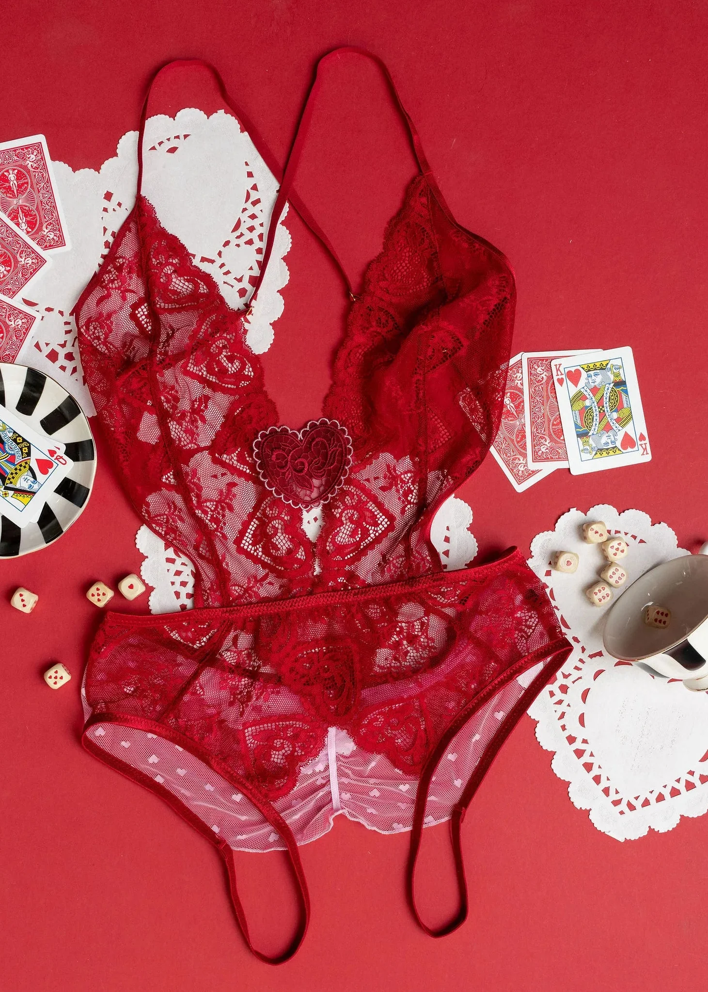 Heart Lace & Mesh Crotchless Teddy - Red - Image 12