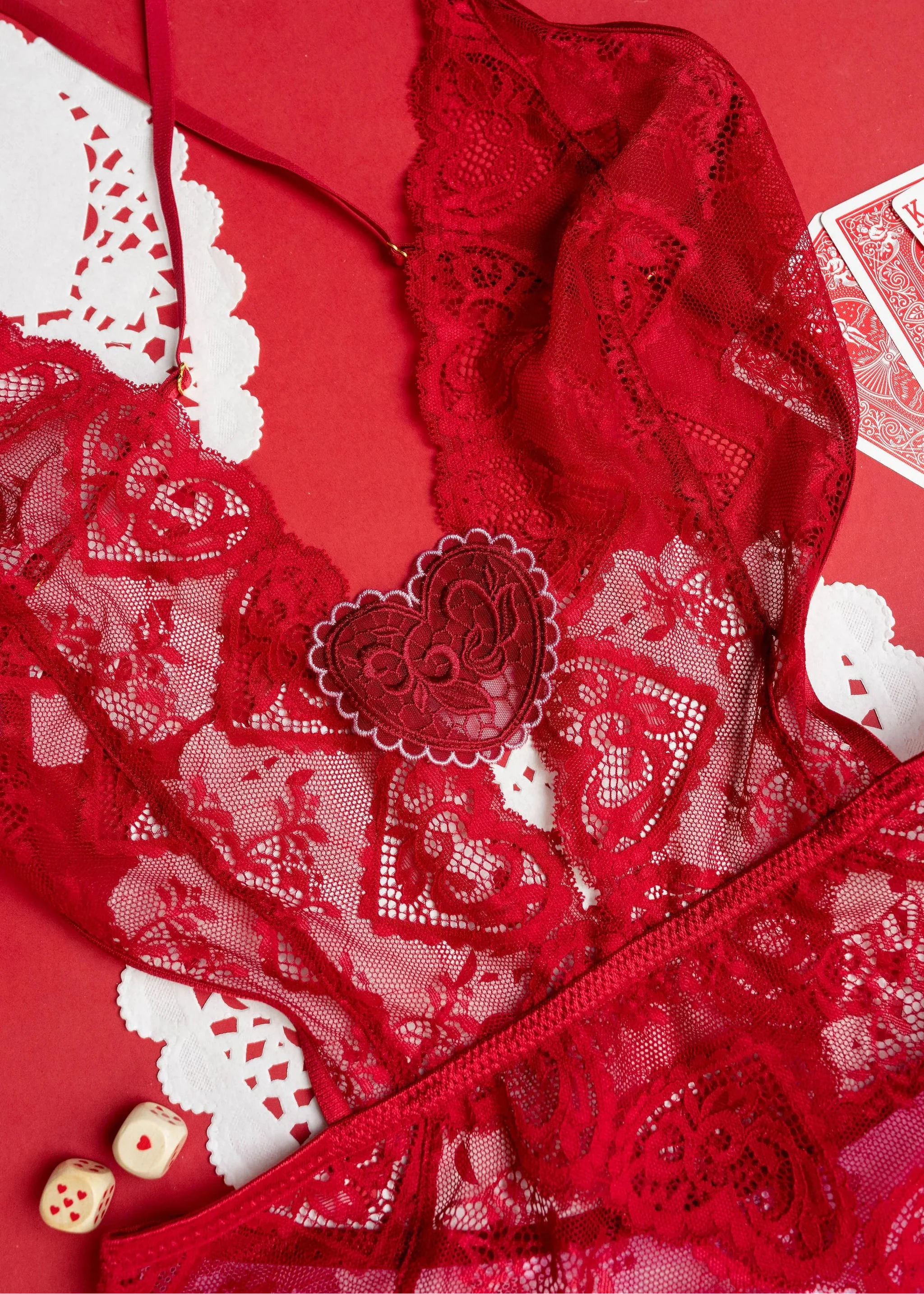 Heart Lace & Mesh Crotchless Teddy - Red - Image 13