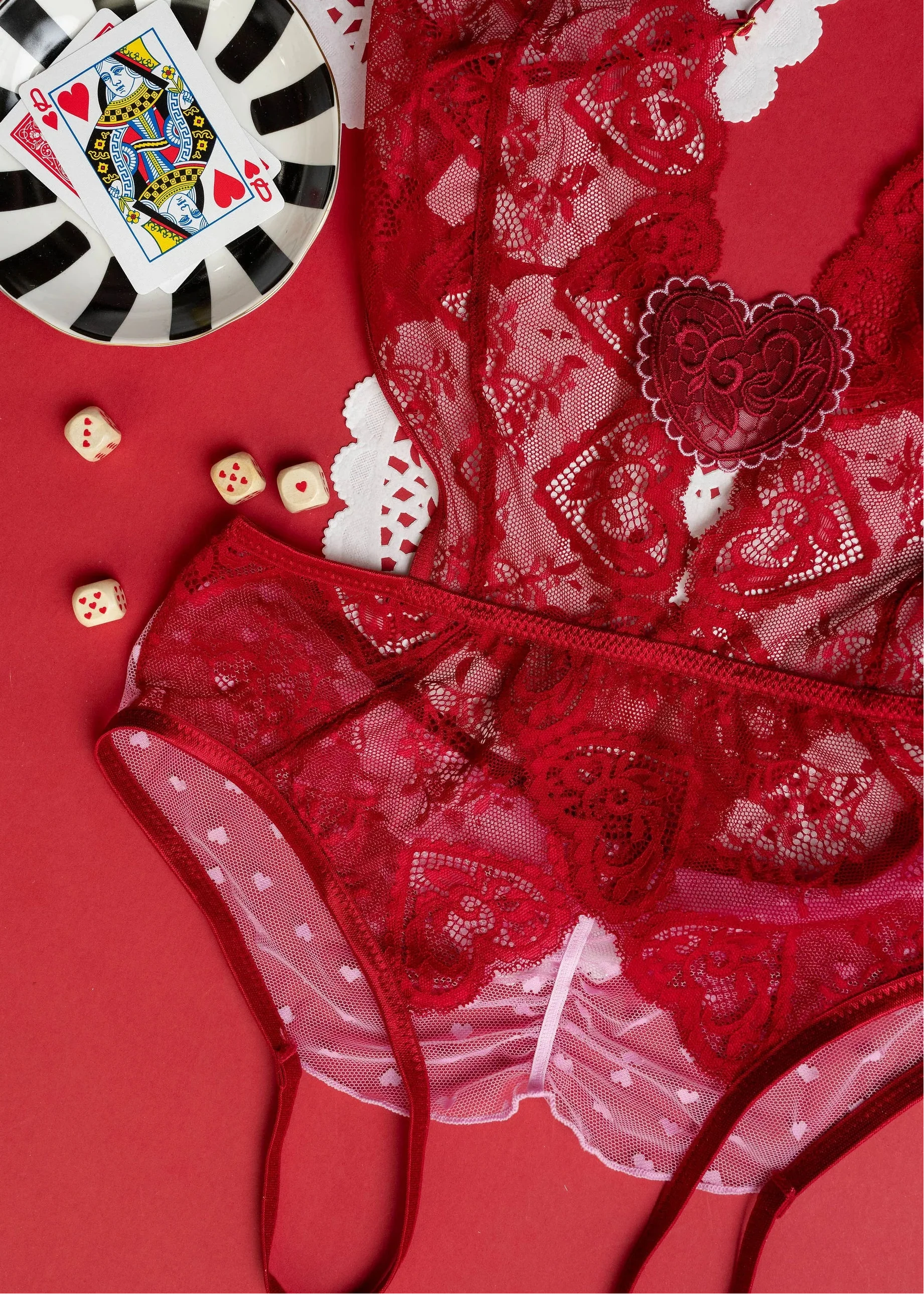 Heart Lace & Mesh Crotchless Teddy - Red - Image 14