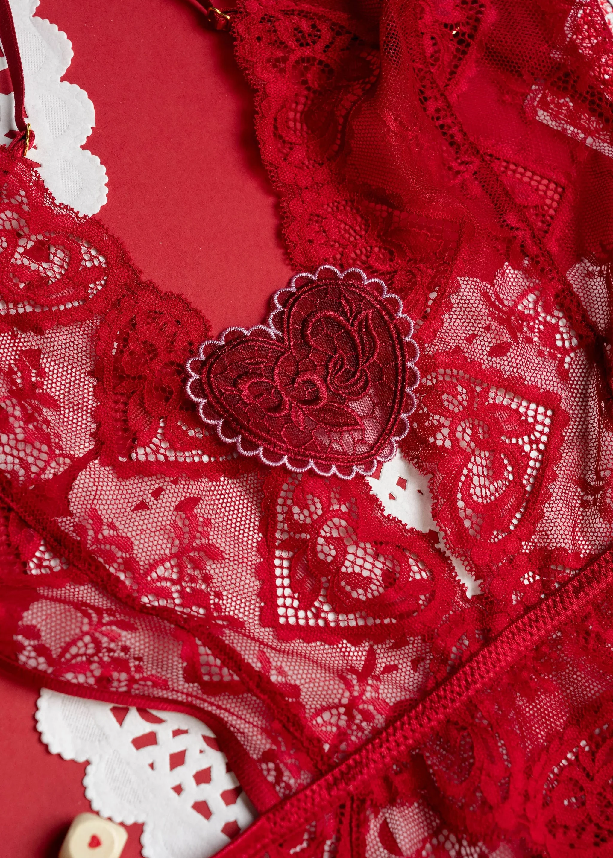 Heart Lace & Mesh Crotchless Teddy - Red - Image 15