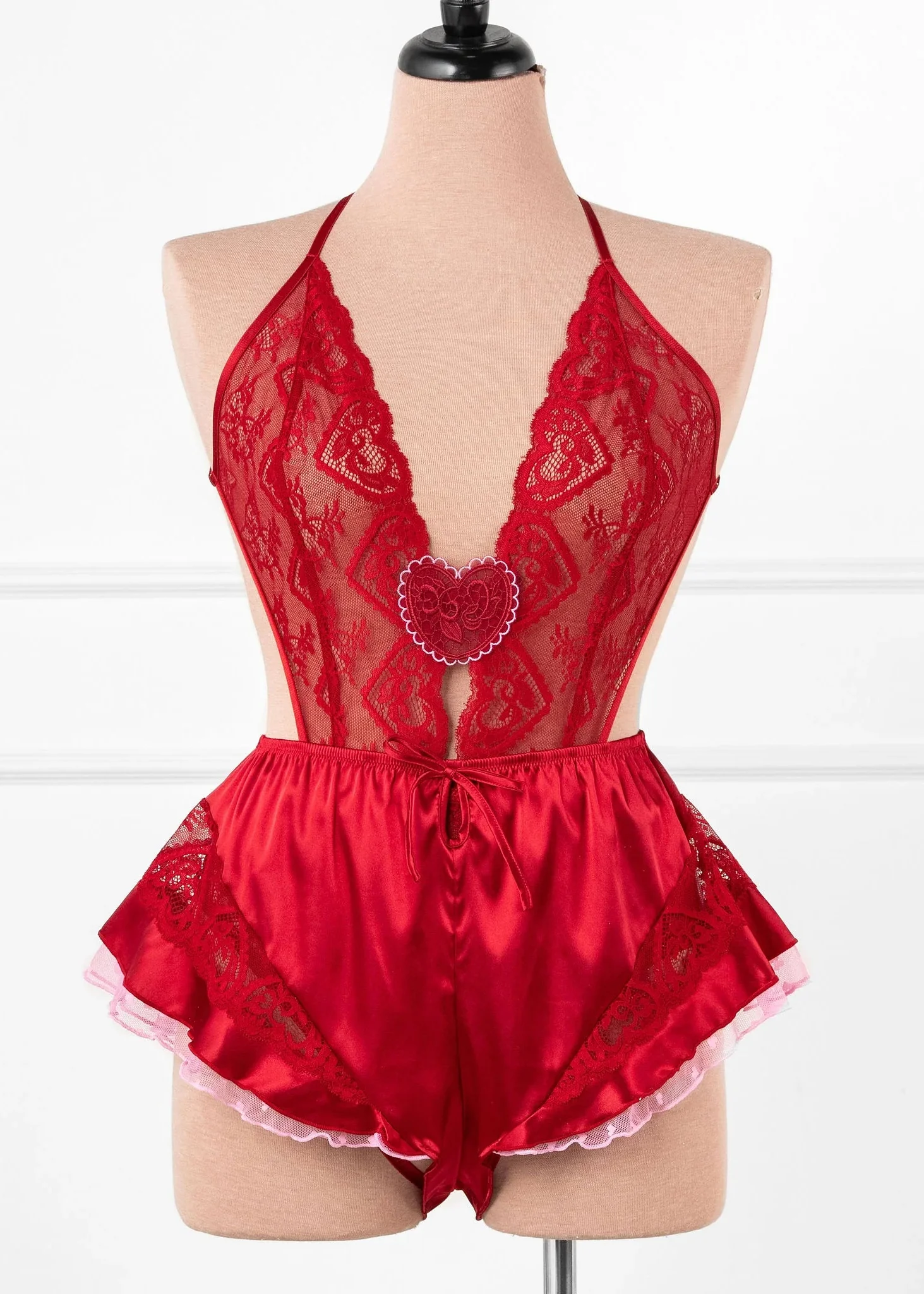 Heart Lace & Mesh Crotchless Teddy - Red - Image 17