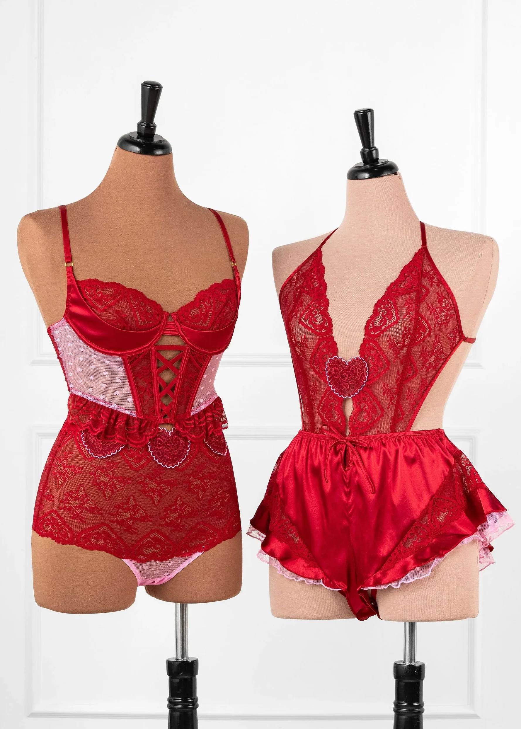 Heart Lace & Mesh Crotchless Teddy - Red - Image 18