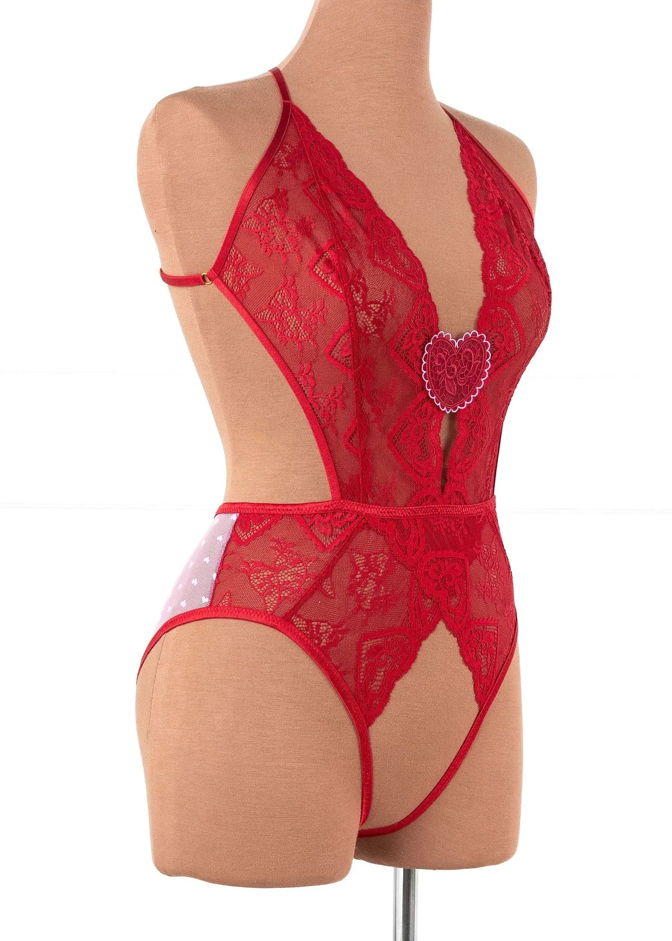 Heart Lace & Mesh Crotchless Teddy - Red - Image 4