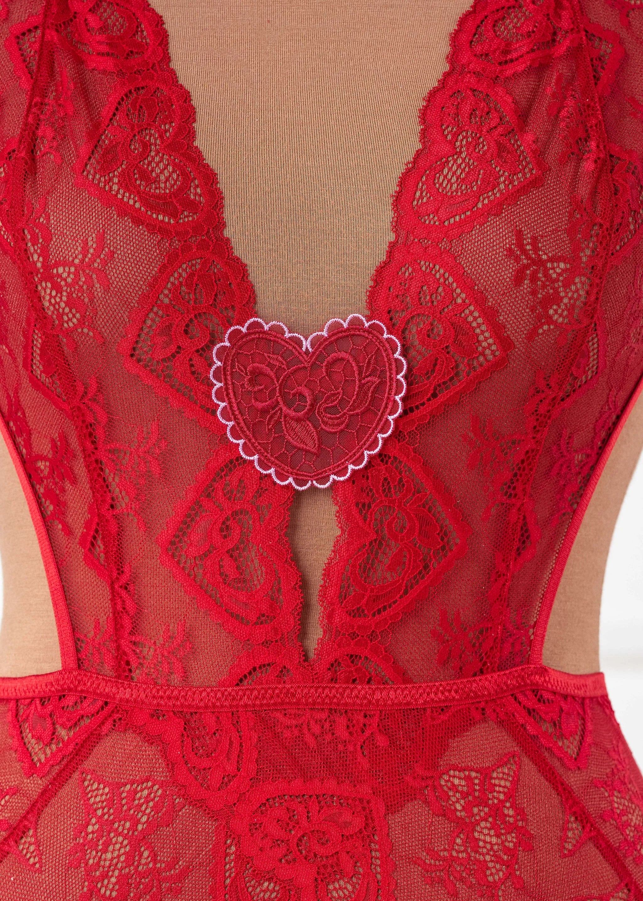 Heart Lace & Mesh Crotchless Teddy - Red - Image 9