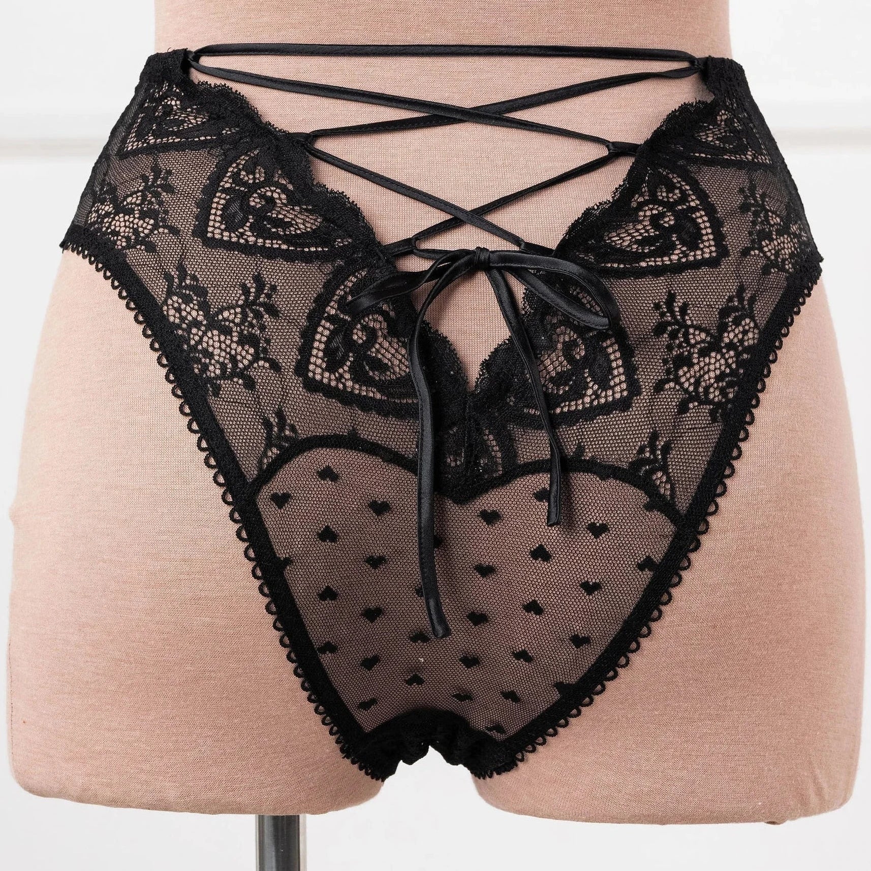 High Waist Lace Up Crotchless Panty - Black