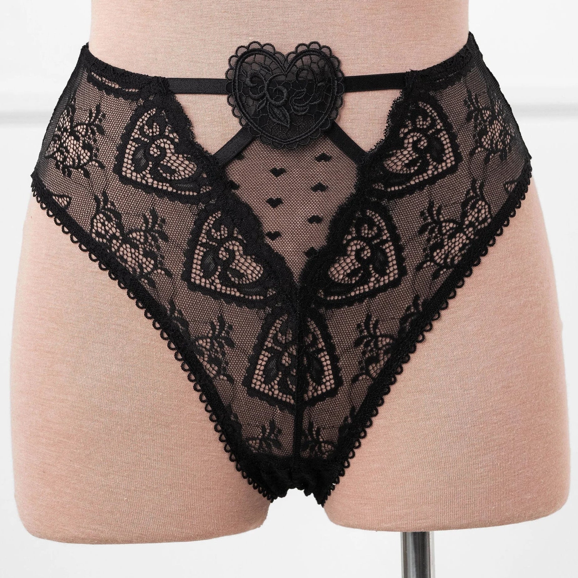 High Waist Lace Up Crotchless Panty - Black - Image 2