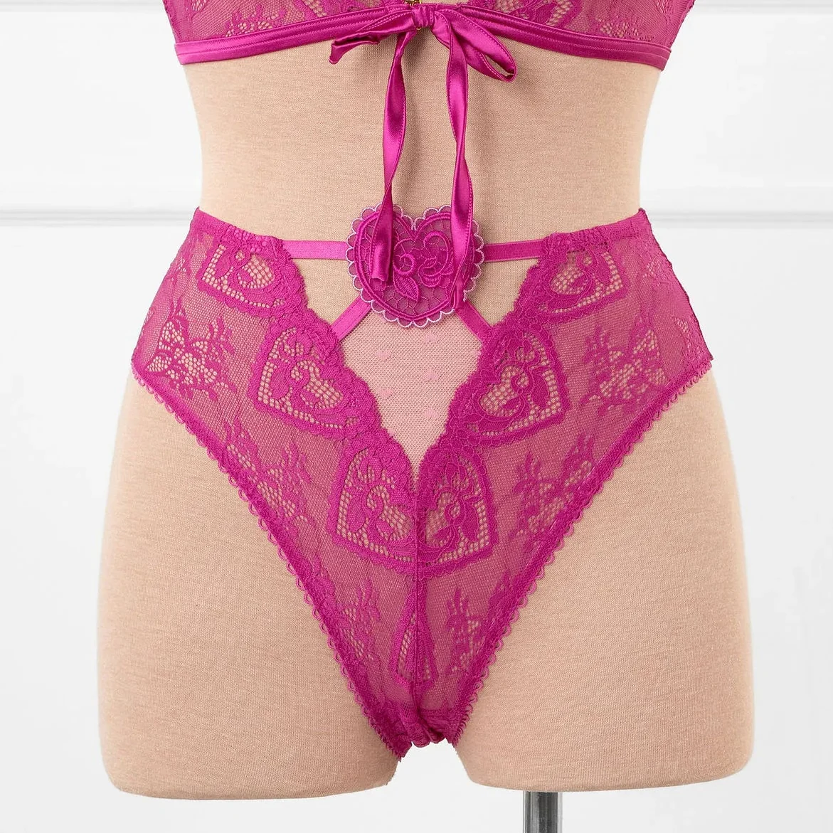 High Waist Lace Up Crotchless Panty - Fuchsia - Image 12