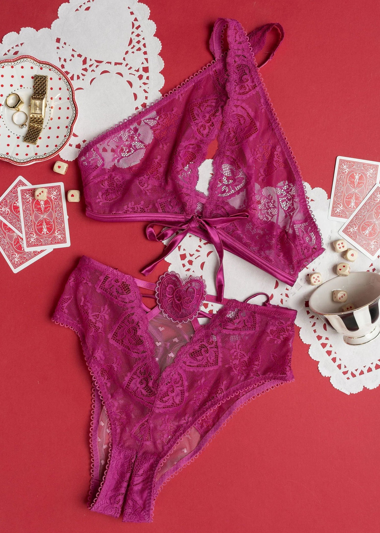 High Waist Lace Up Crotchless Panty - Fuchsia - Image 13