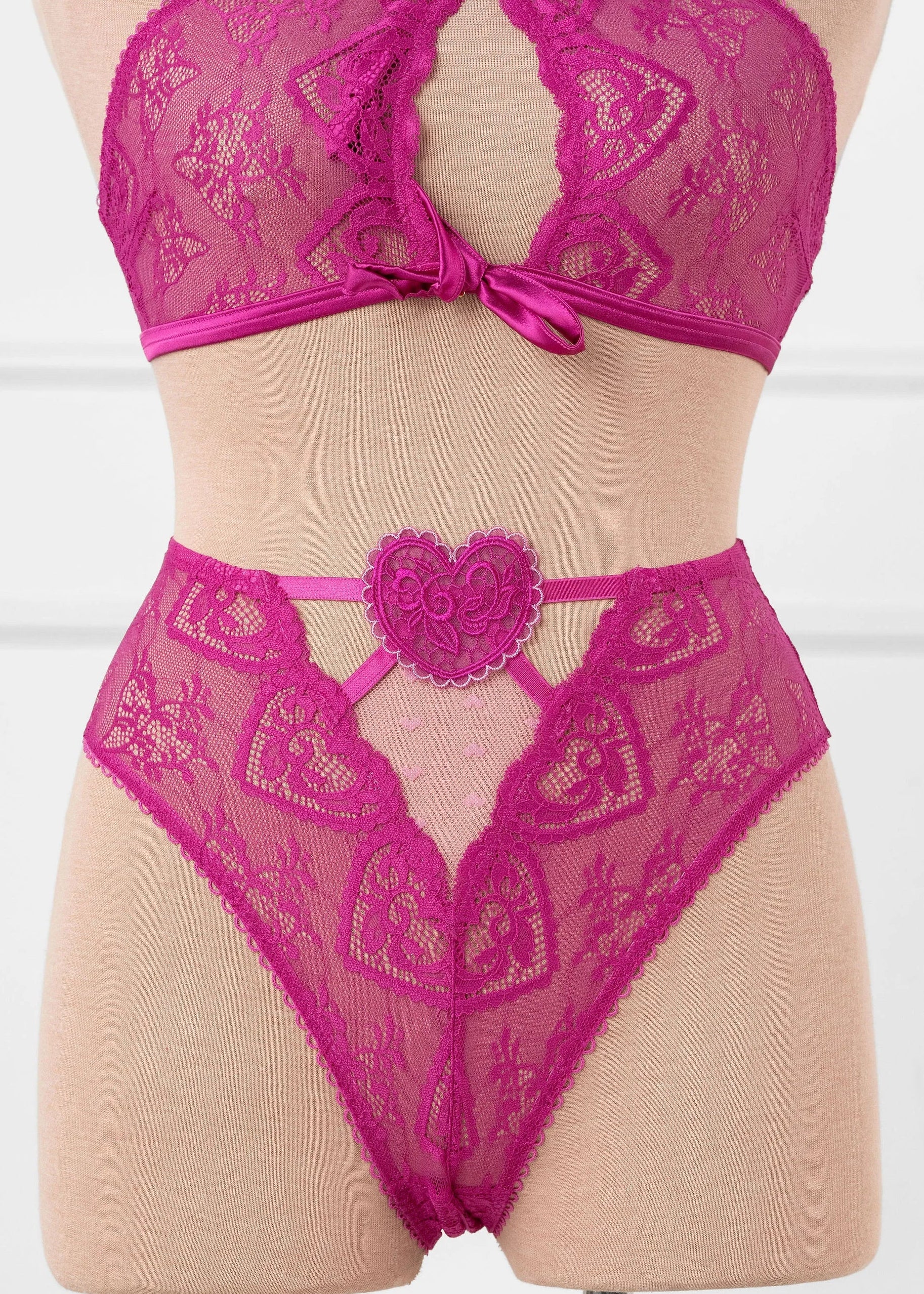 High Waist Lace Up Crotchless Panty - Fuchsia - Image 6