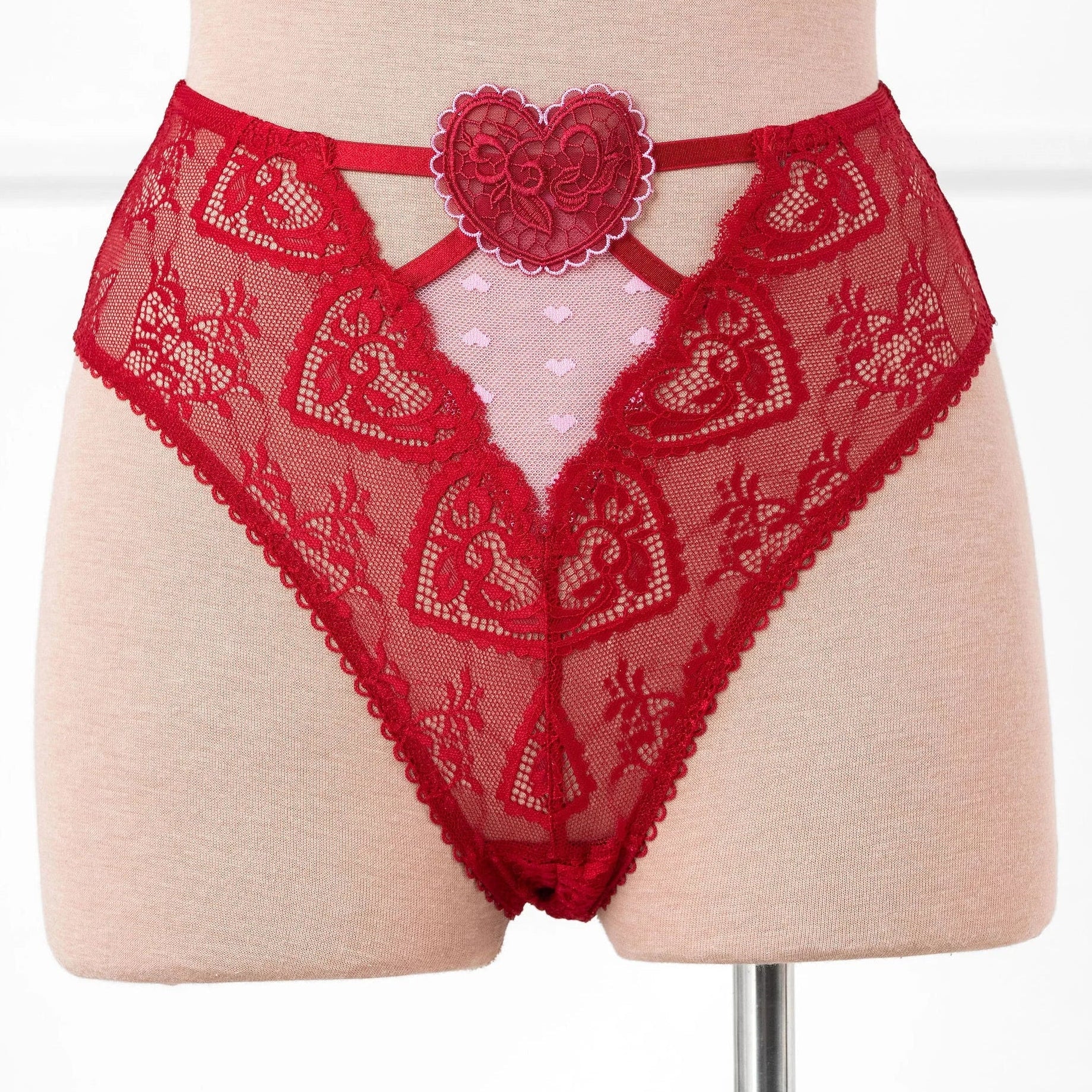 High Waist Lace Up Crotchless Panty - Red - Image 3