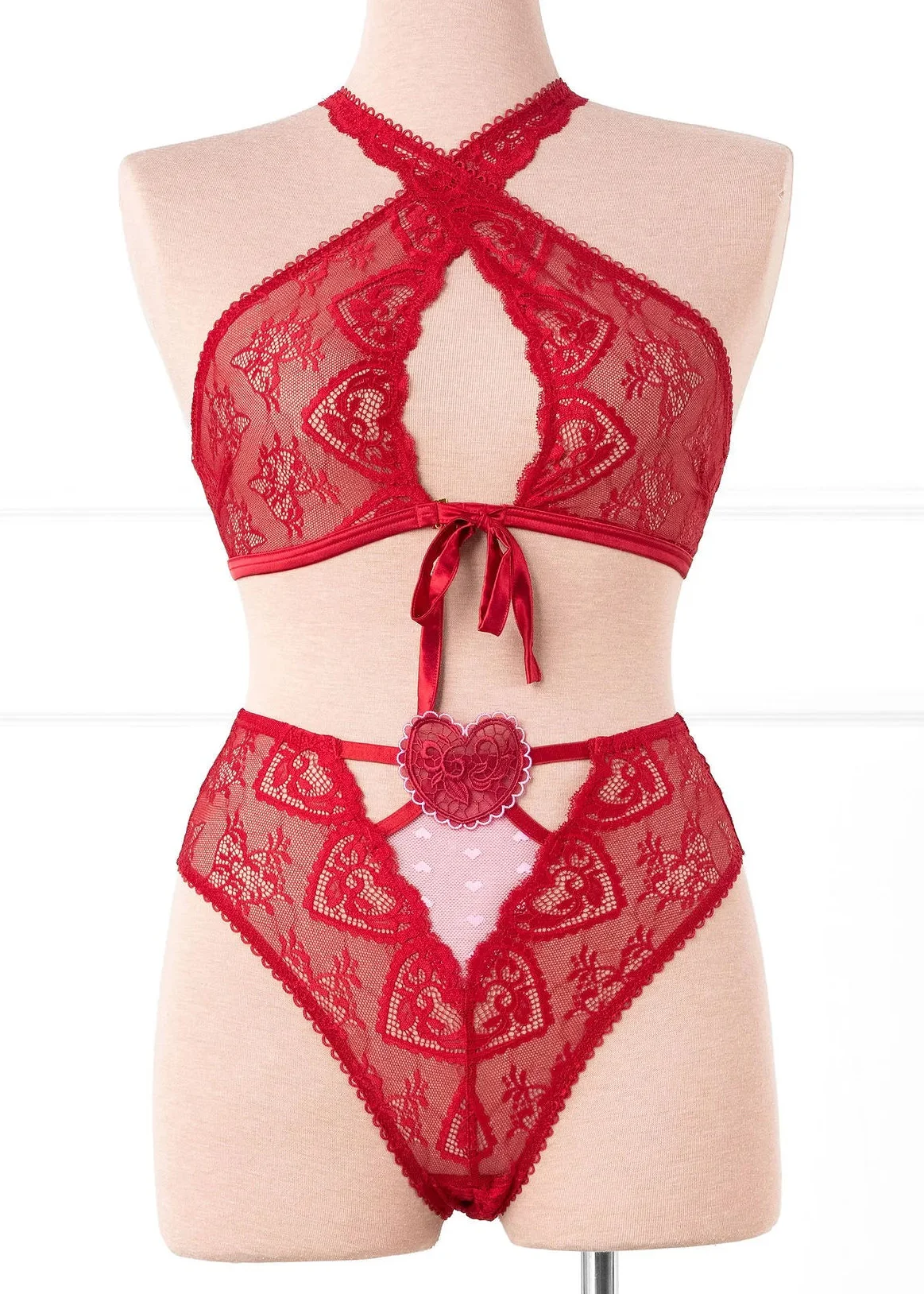High Waist Lace Up Crotchless Panty - Red - Image 4