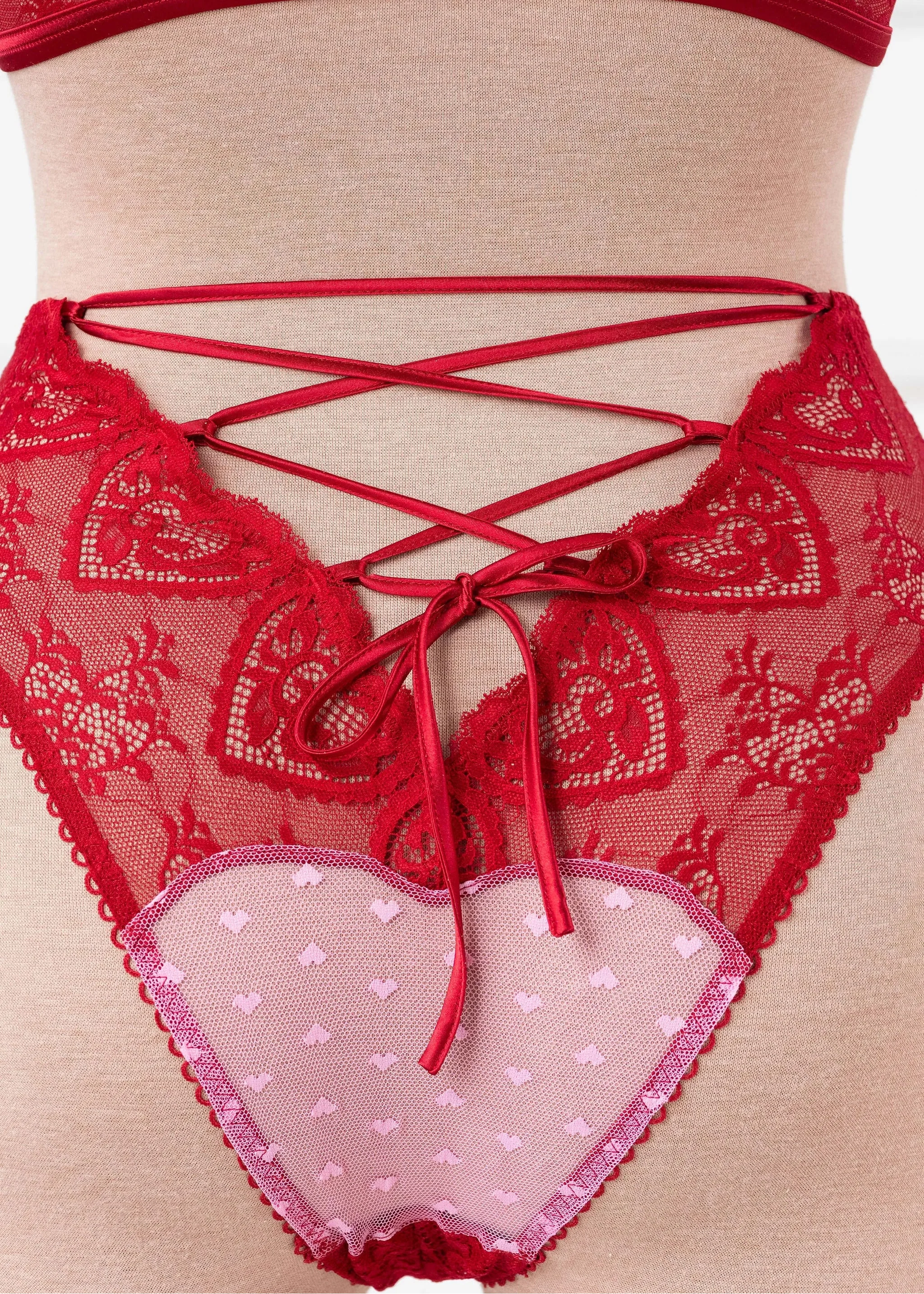 High Waist Lace Up Crotchless Panty - Red - Image 7