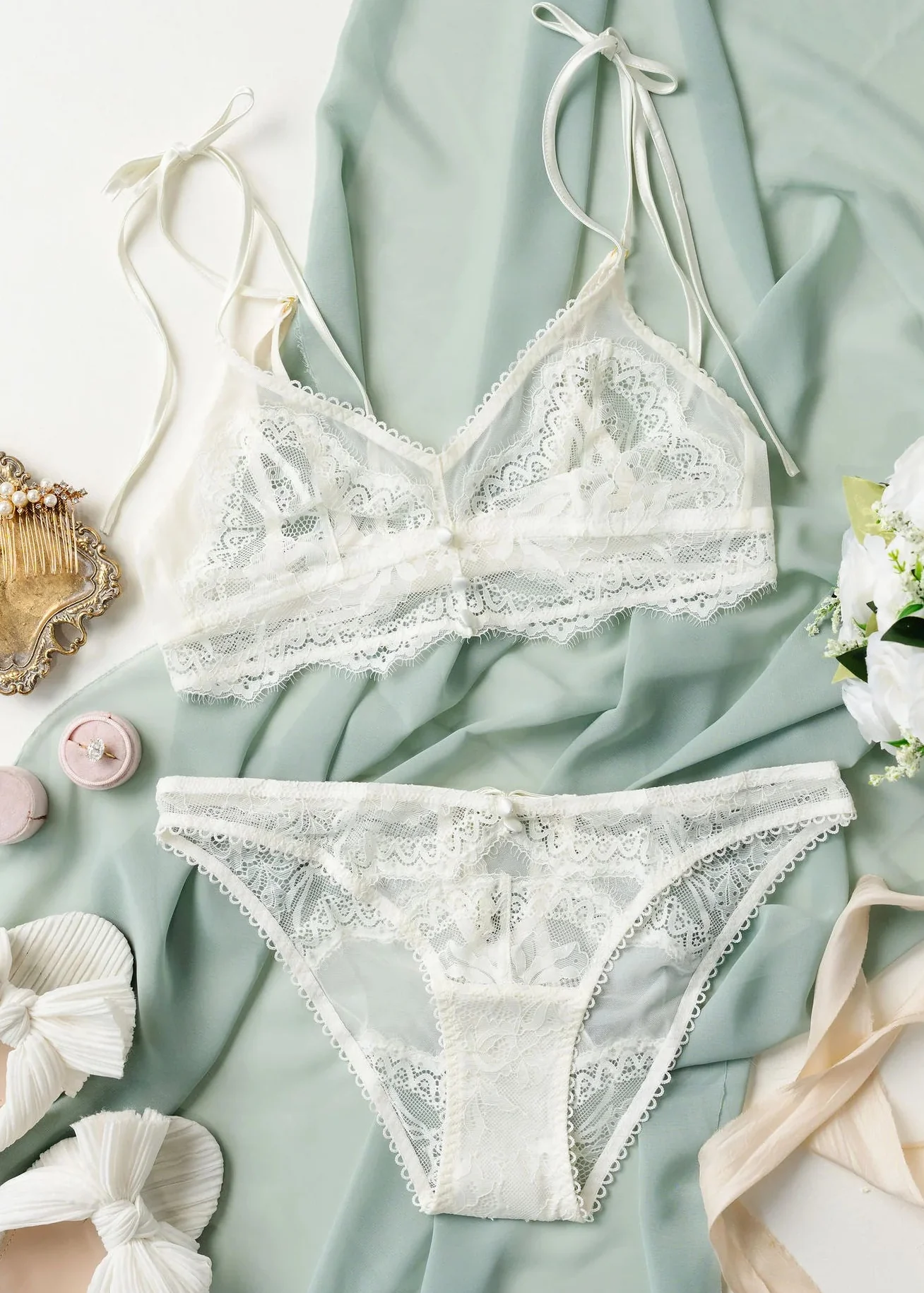 Eyelash Lace Button Bralette - Pearl - Image 11