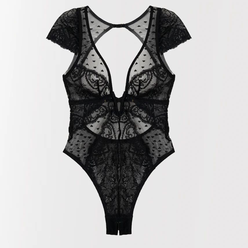 Lace & Mesh High Leg Crotchless Teddy - Black - Image 17
