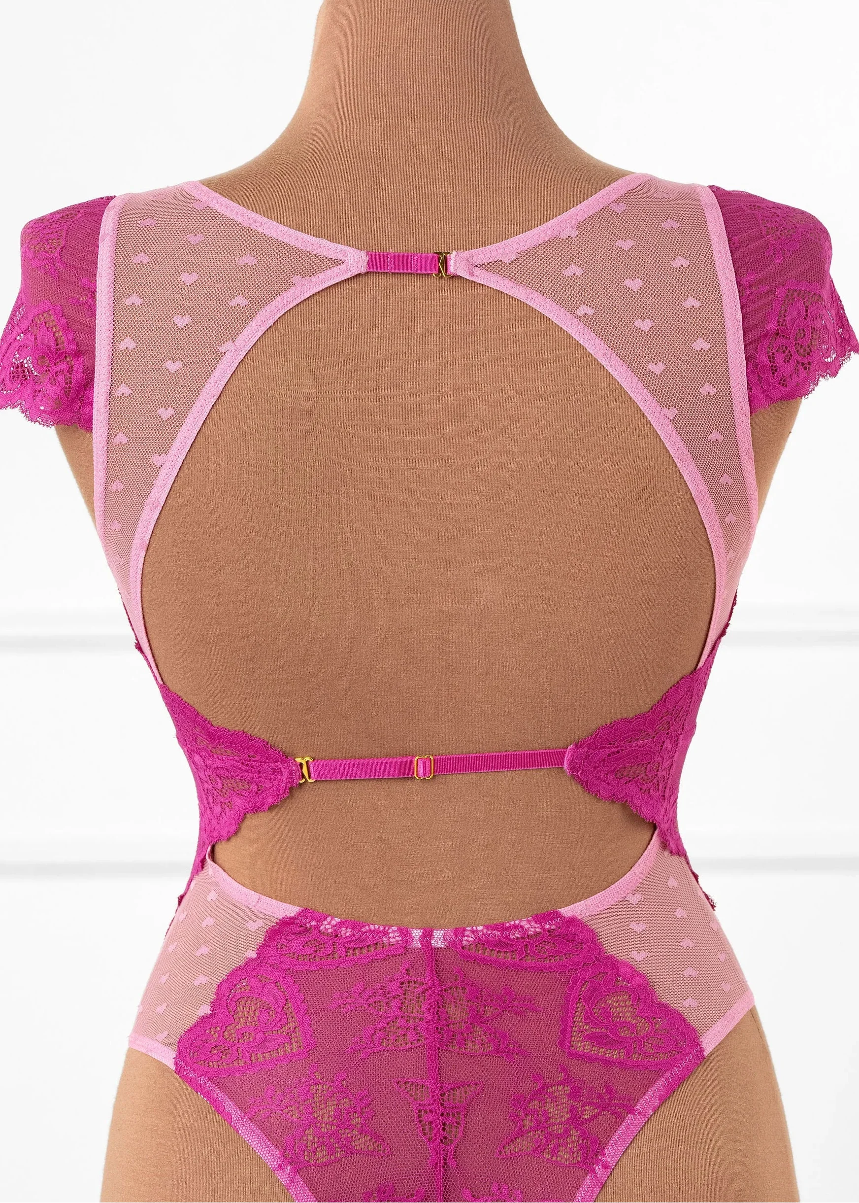 Lace & Mesh High Leg Crotchless Teddy - Fuchsia - Image 11
