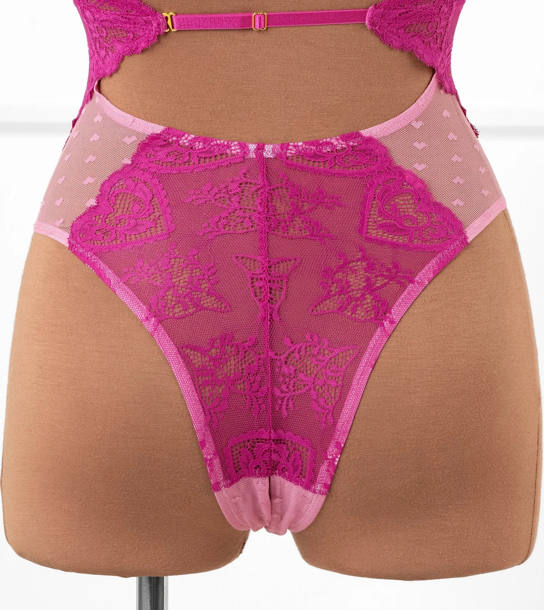 Lace & Mesh High Leg Crotchless Teddy - Fuchsia - Image 13
