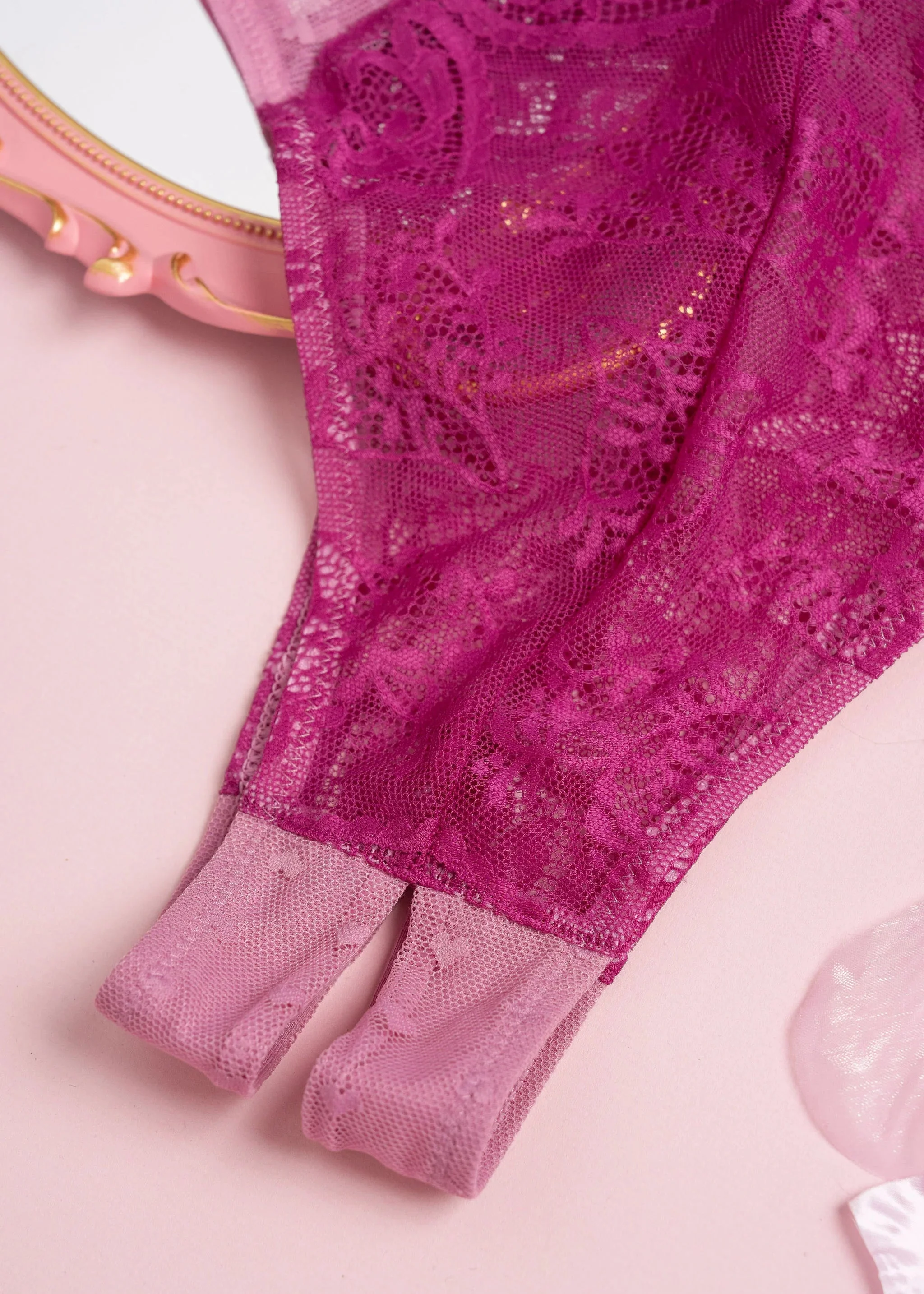 Lace & Mesh High Leg Crotchless Teddy - Fuchsia - Image 18