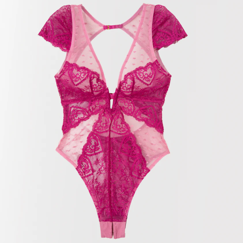 Lace & Mesh High Leg Crotchless Teddy - Fuchsia - Image 3