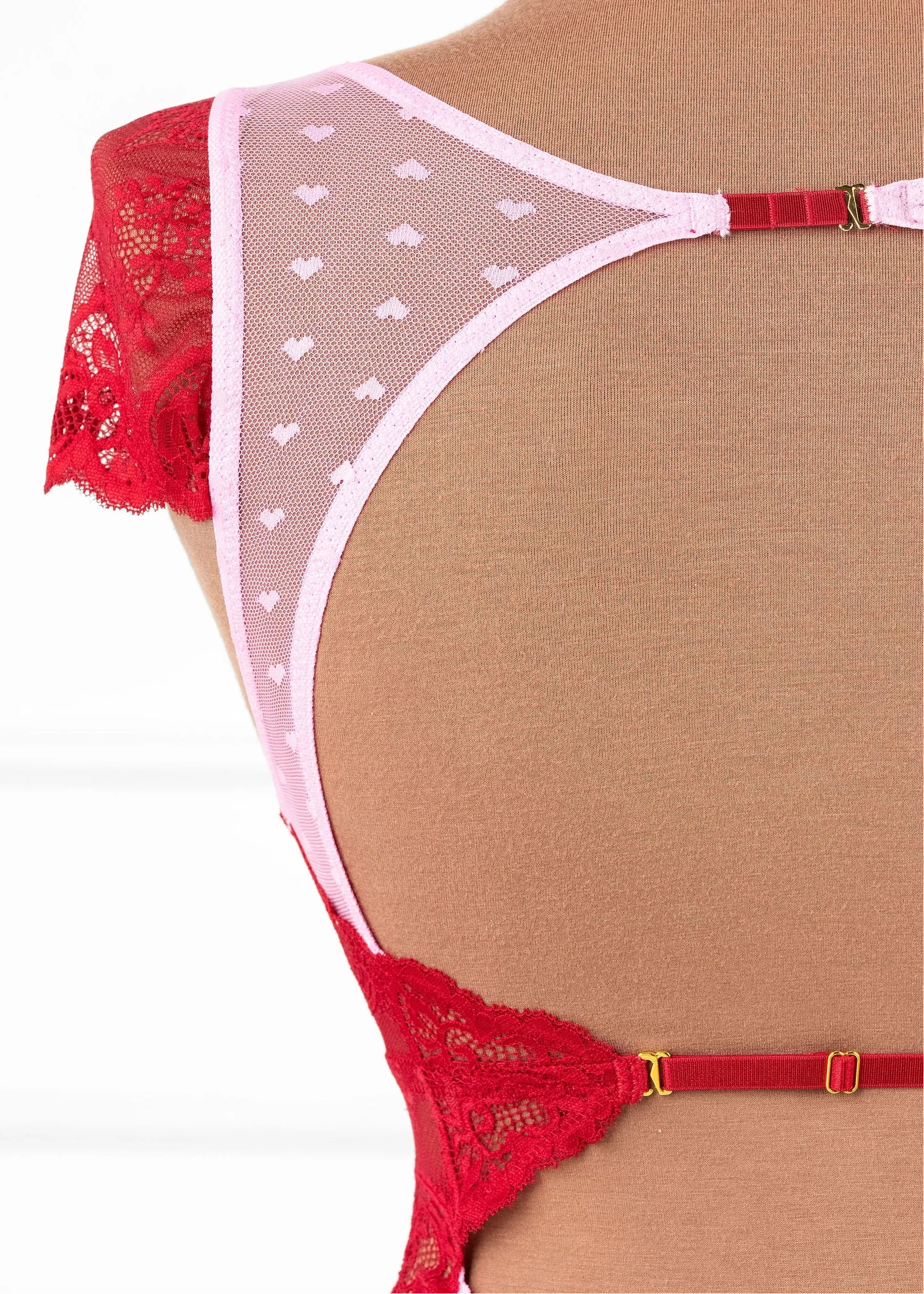 Lace & Mesh High Leg Crotchless Teddy - Red - Image 14