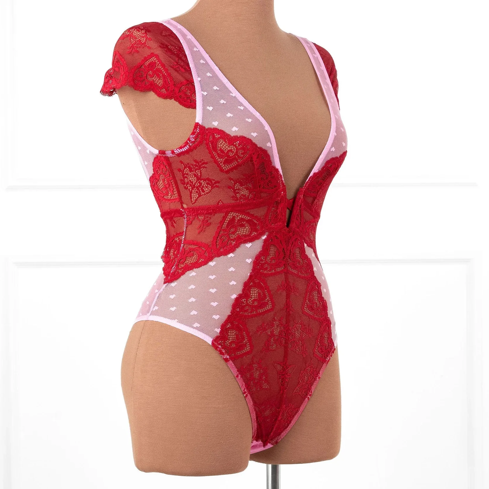 Lace & Mesh High Leg Crotchless Teddy - Red - Image 20