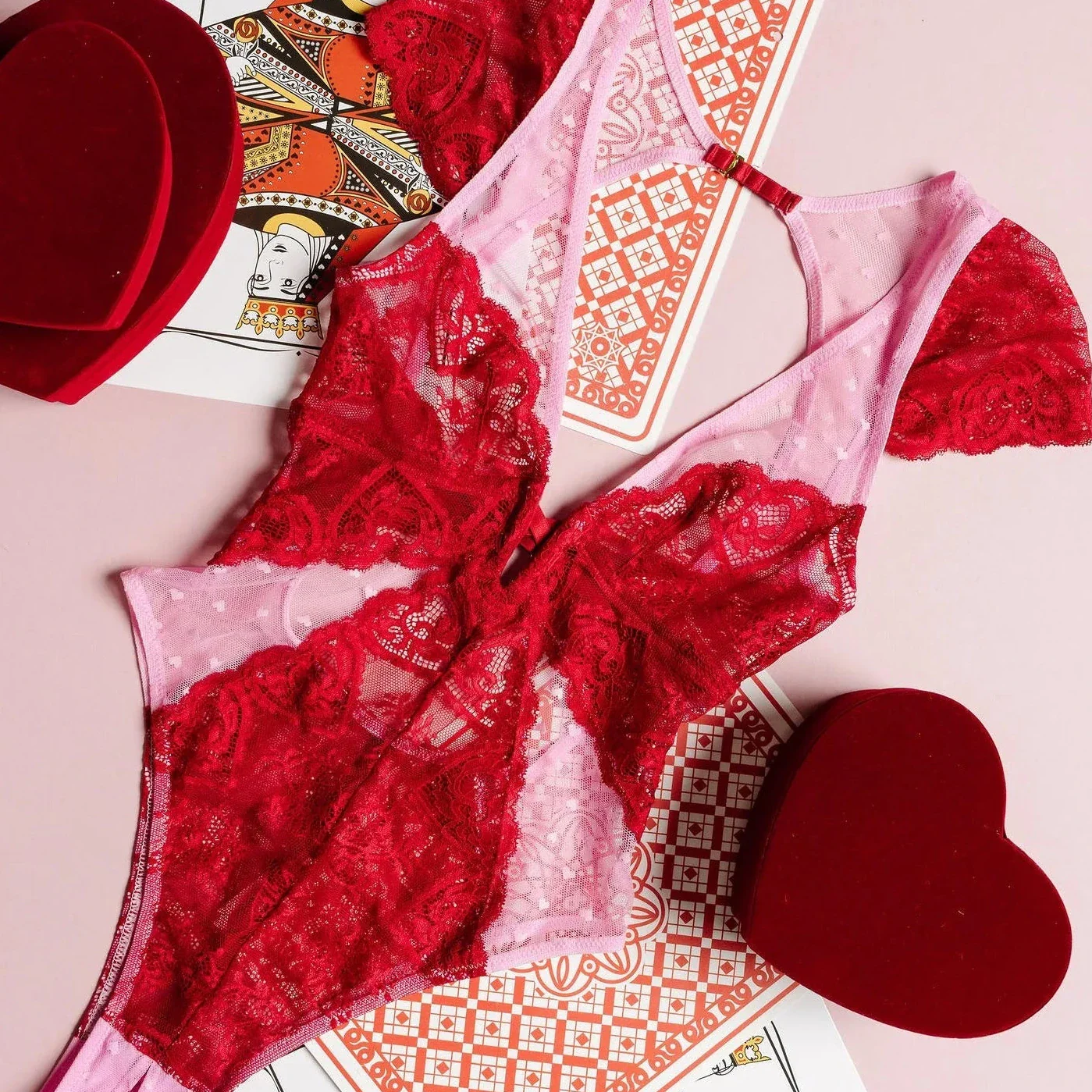 Lace & Mesh High Leg Crotchless Teddy - Red - Image 3