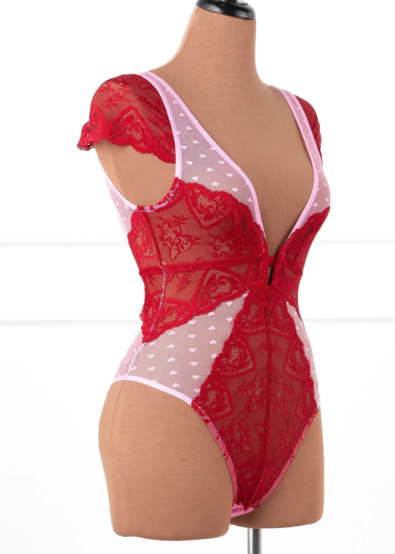 Lace & Mesh High Leg Crotchless Teddy - Red - Image 5