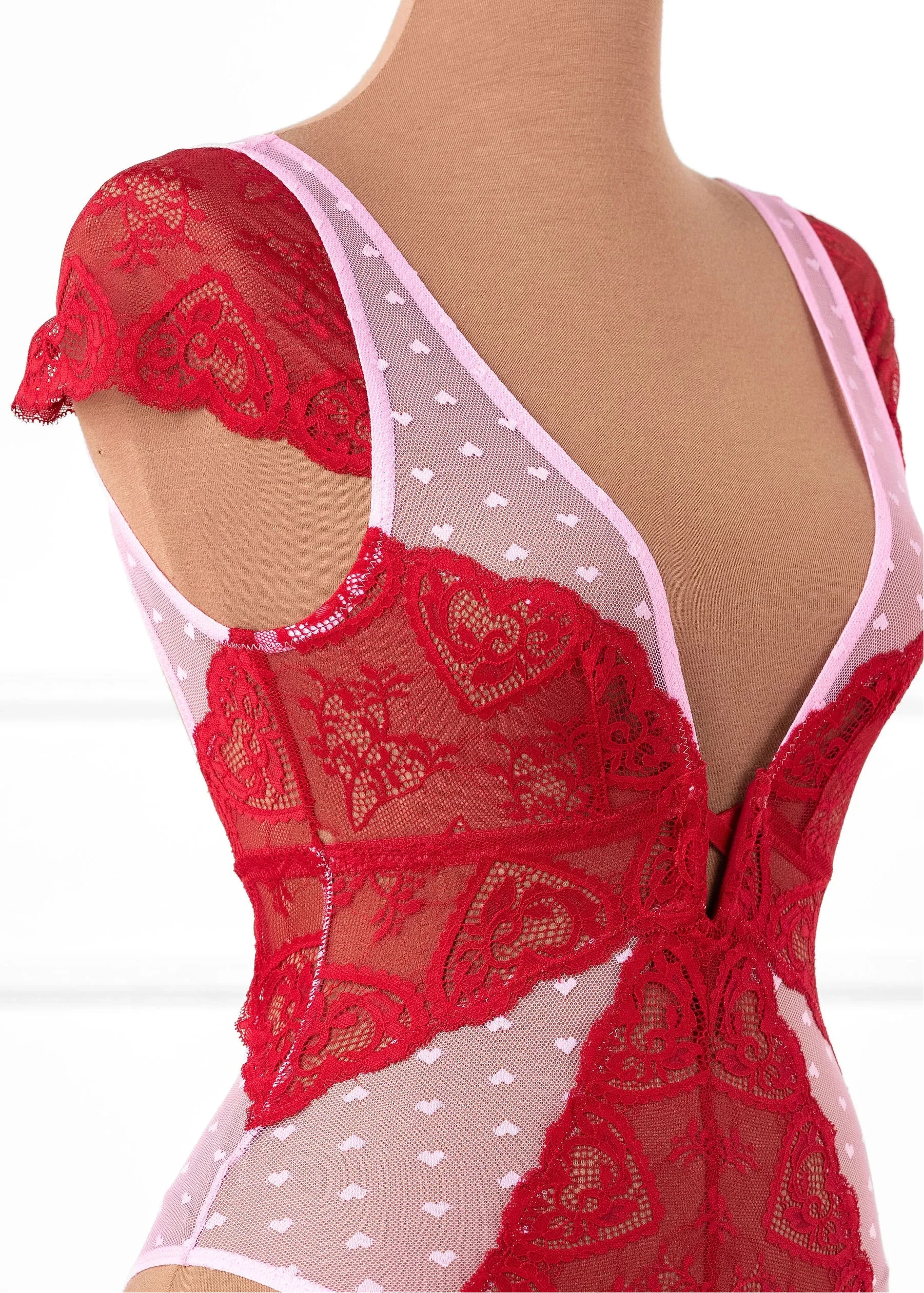 Lace & Mesh High Leg Crotchless Teddy - Red - Image 8
