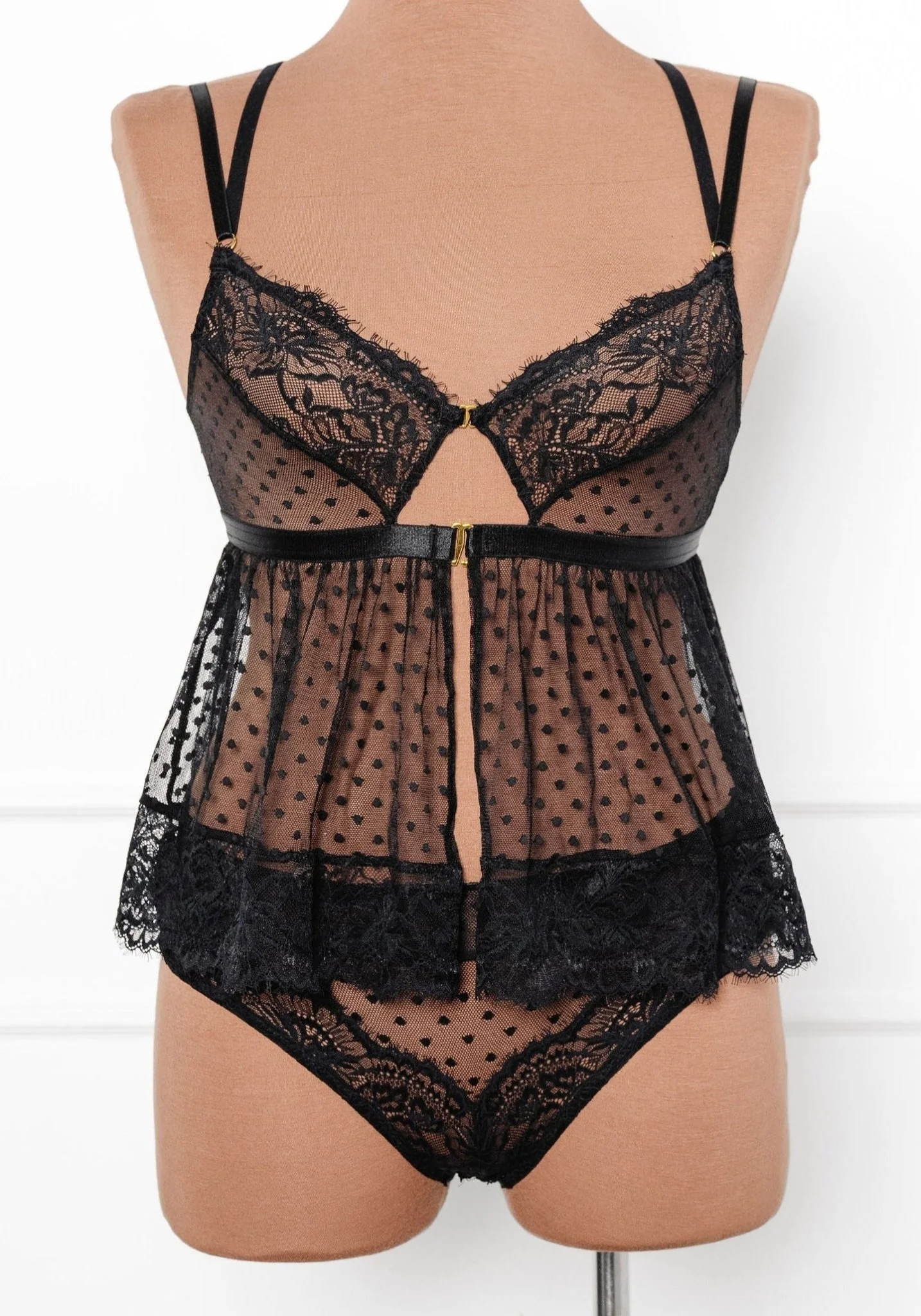Lacy Polka Dot Crotchless Panty - Black - Image 5