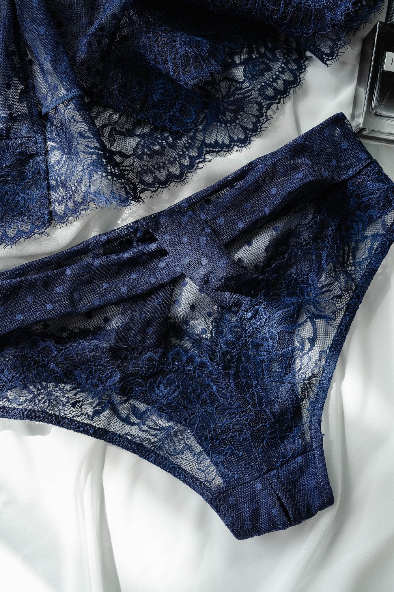 Lacy Polka Dot Crotchless Panty - Navy - Image 12