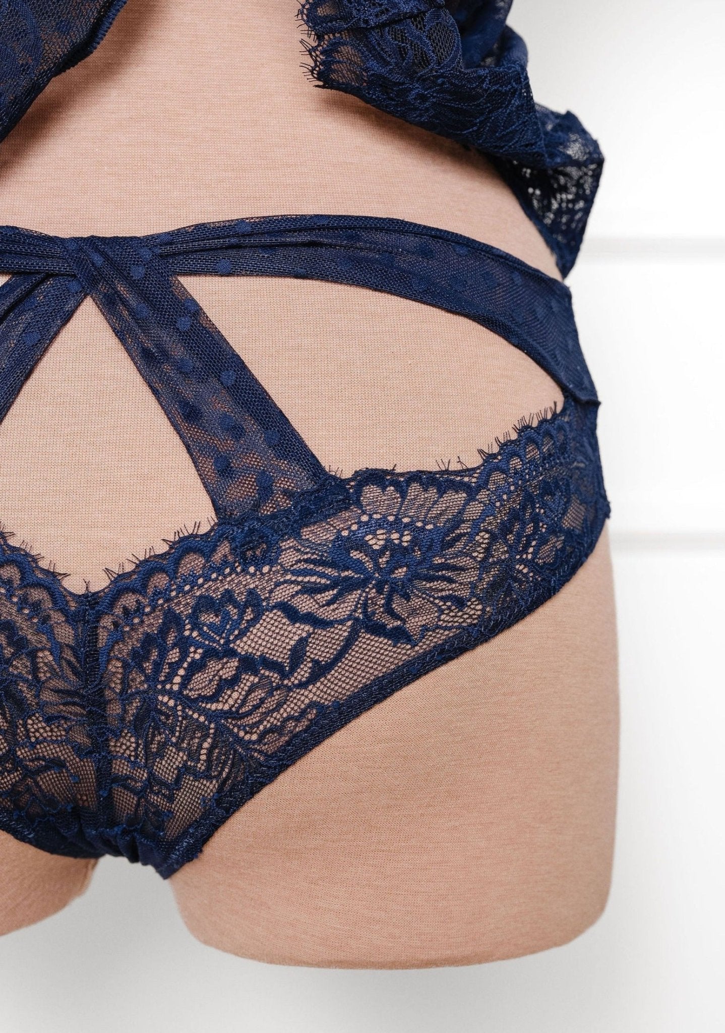 Lacy Polka Dot Crotchless Panty - Navy - Image 5