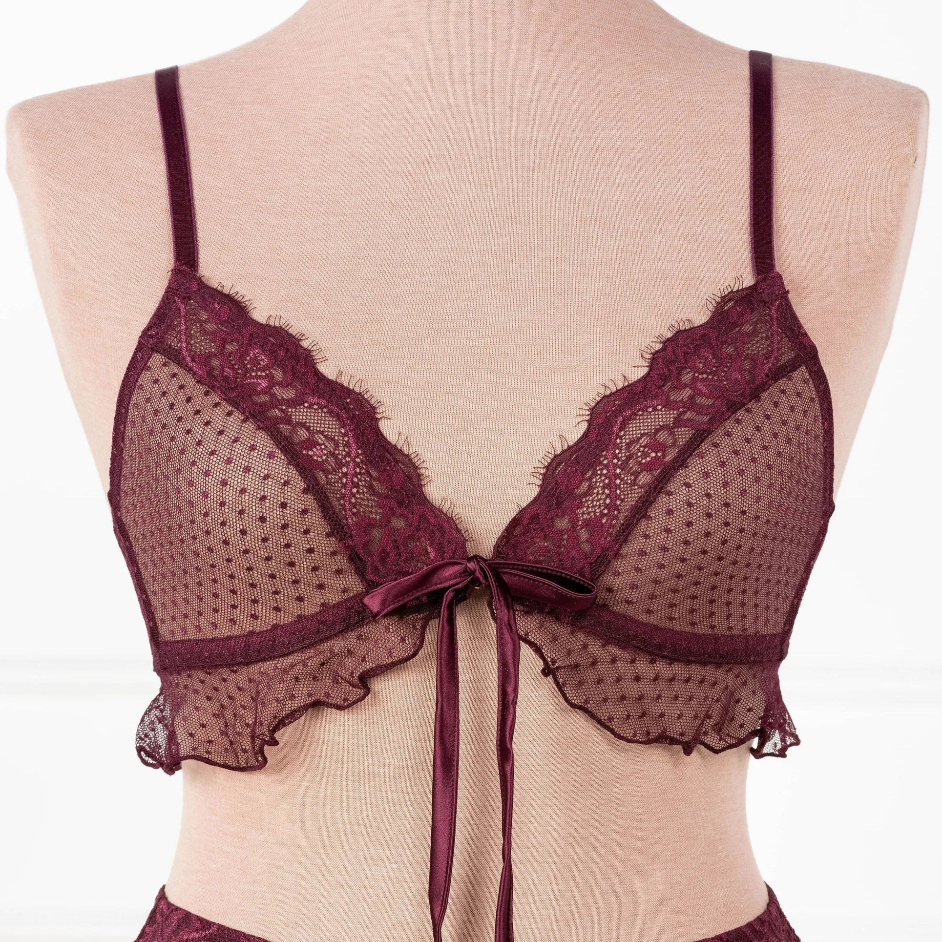 Lace & Mesh Ruffle Bralette - Cherry Lacquer - Image 2