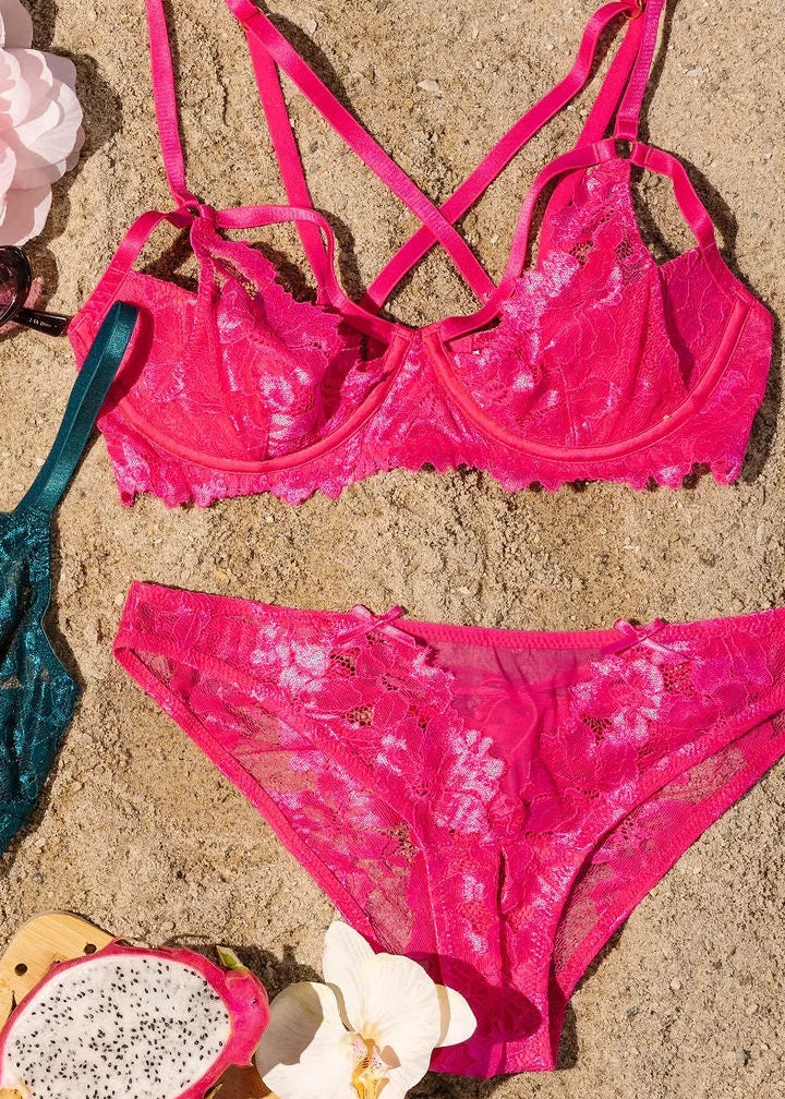 Lacy Corset-Back Crotchless Panty - Hot Pink - Image 13