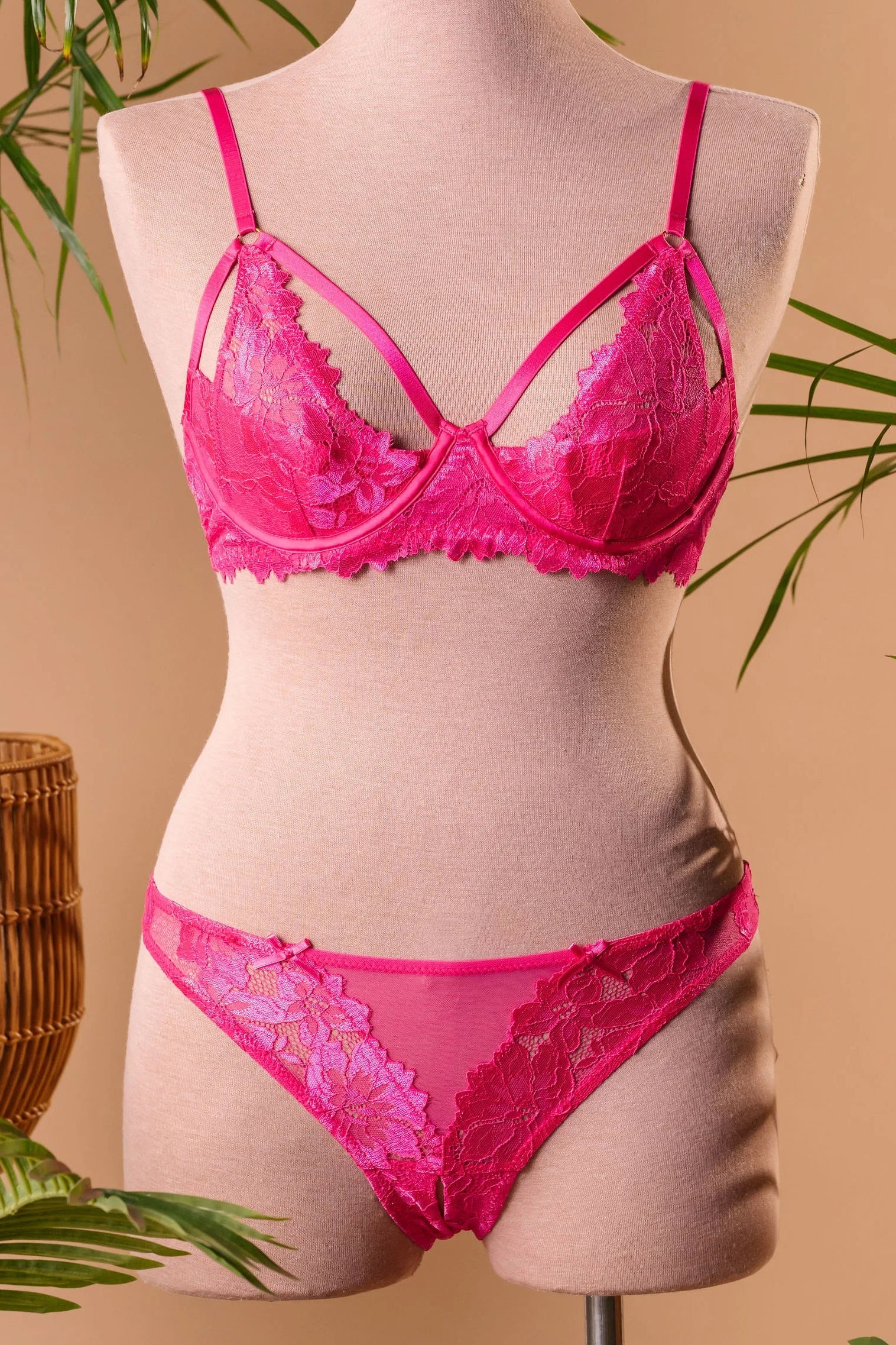 Lacy Corset-Back Crotchless Panty - Hot Pink - Image 17