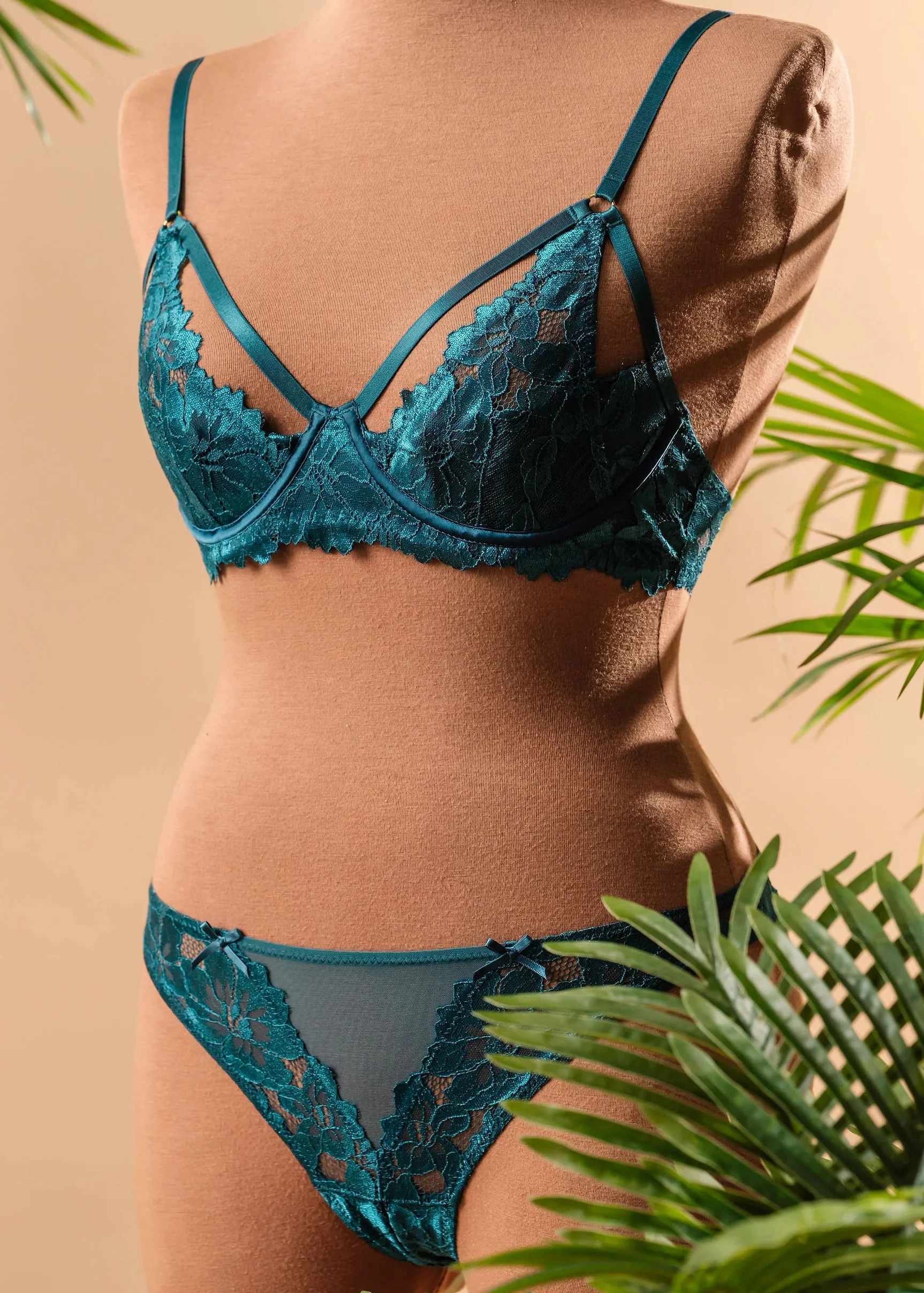Lacy Corset-Back Crotchless Panty - Teal - Image 14
