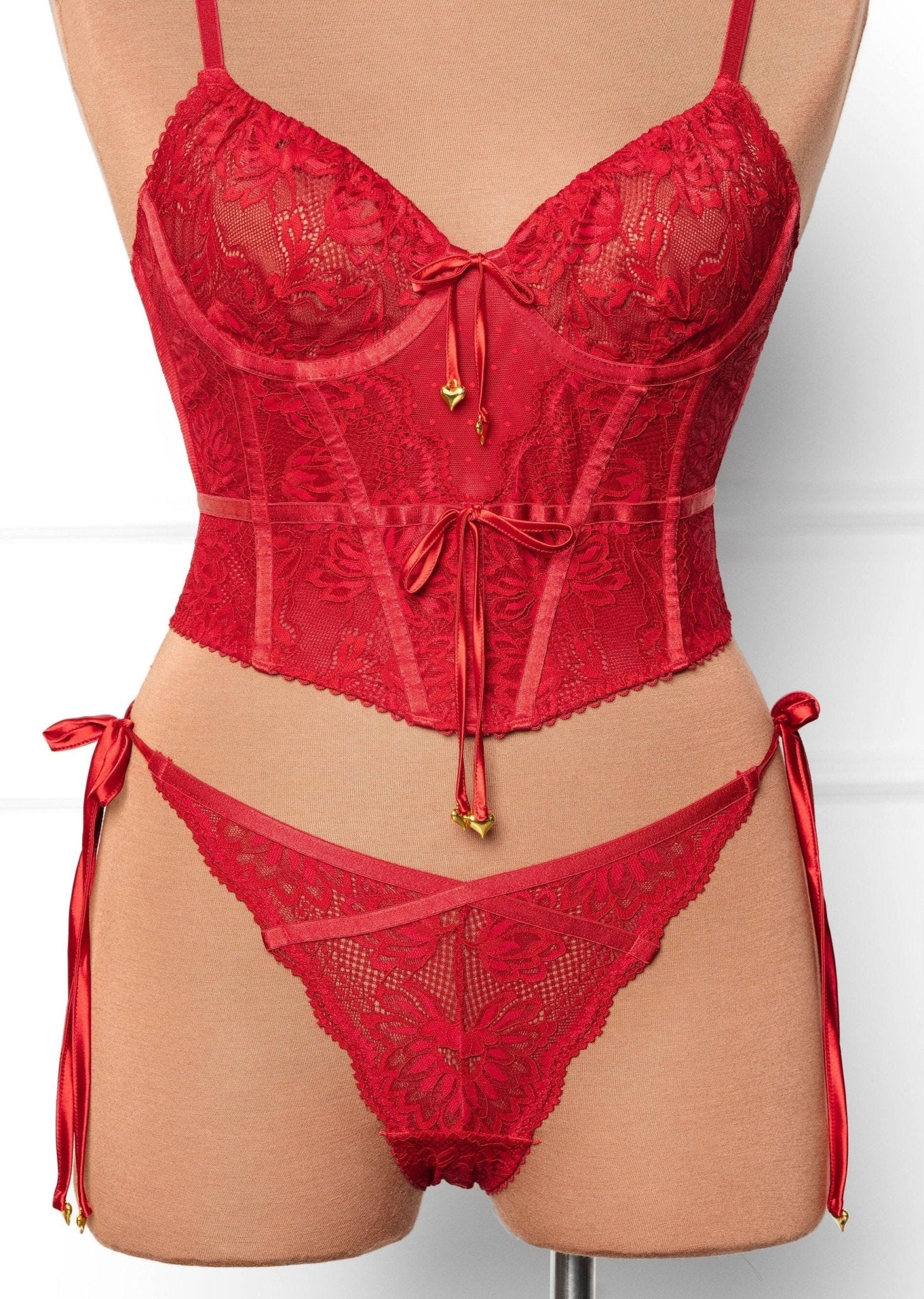 Lacy Heart Charm Side Tie Panty - Red - Image 11