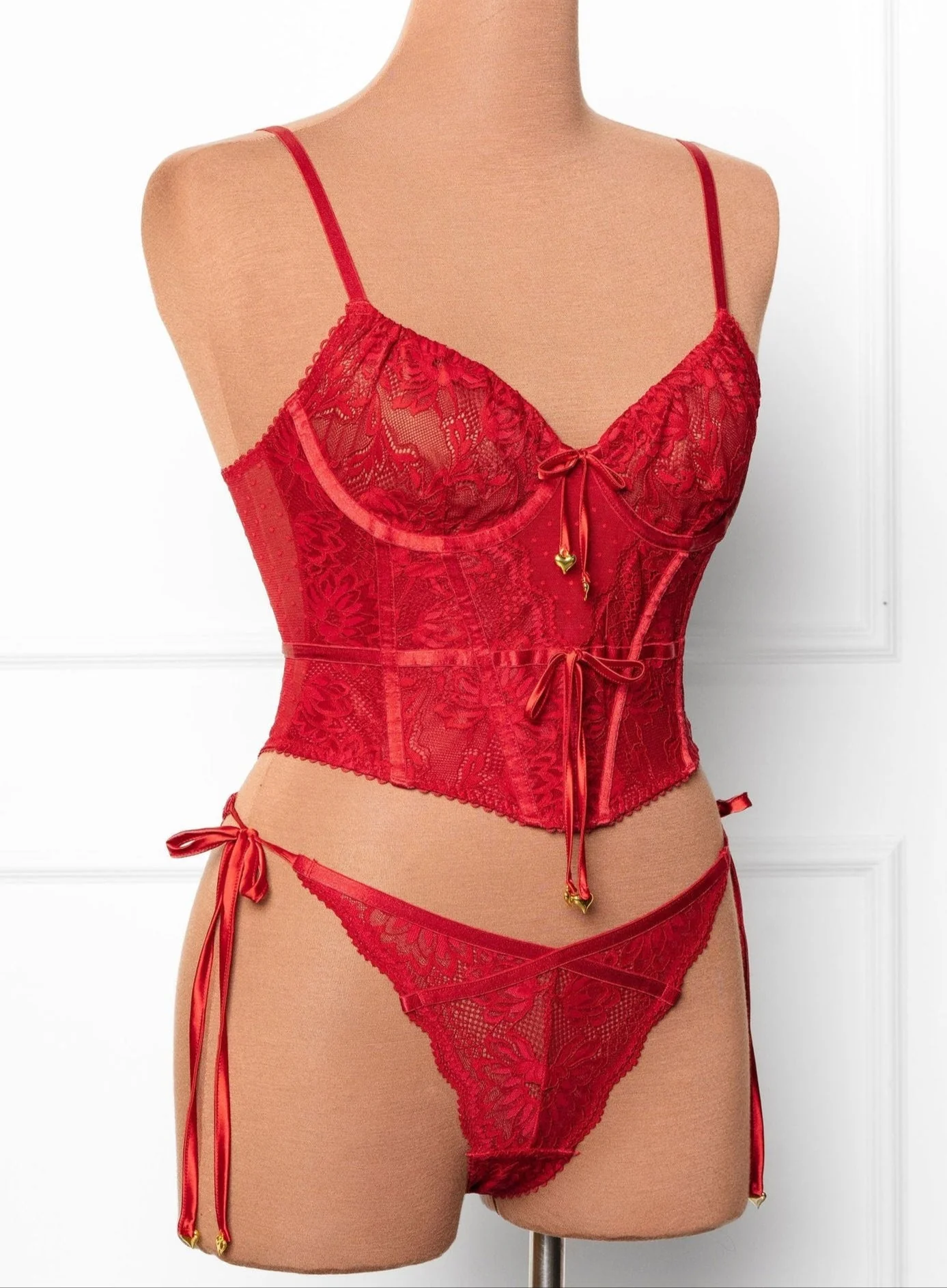Lacy Heart Charm Side Tie Panty - Red - Image 2