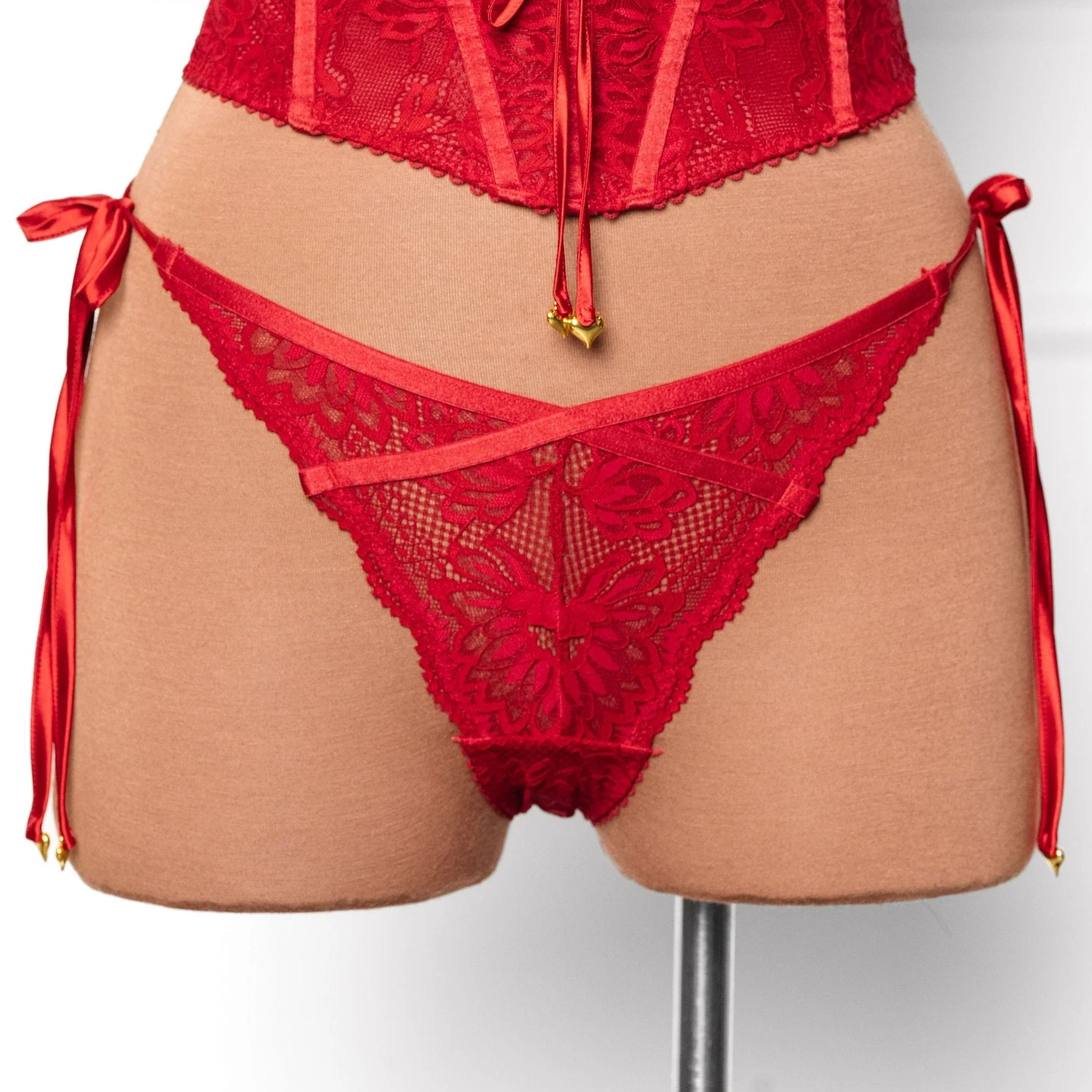 Lacy Heart Charm Side Tie Panty - Red - Image 3