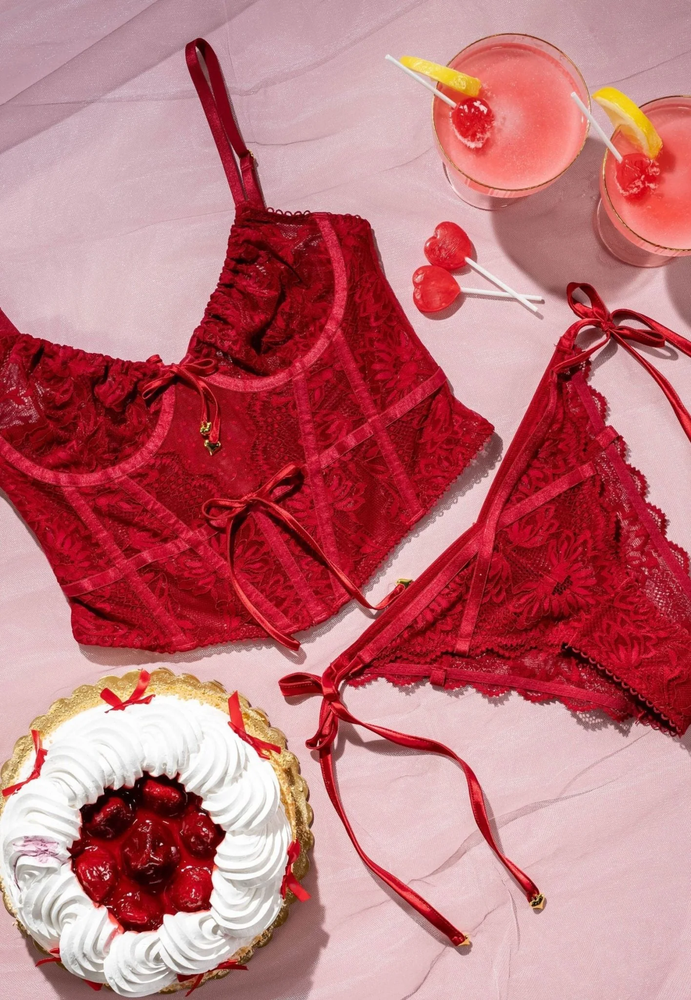 Lacy Heart Charm Side Tie Panty - Red - Image 9