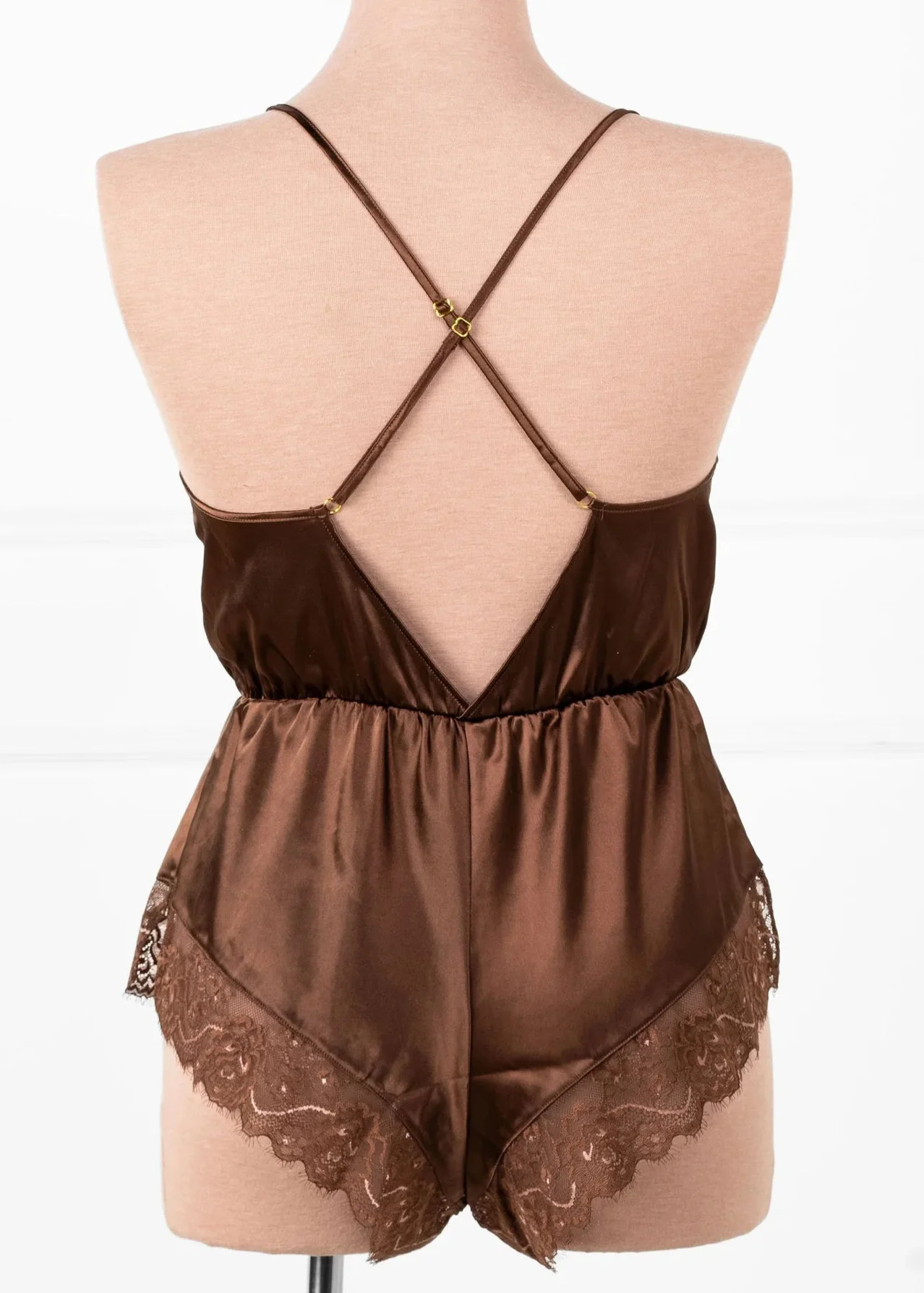 Lacy Plunge Satin Scalloped Romper - Chocolate - Image 3
