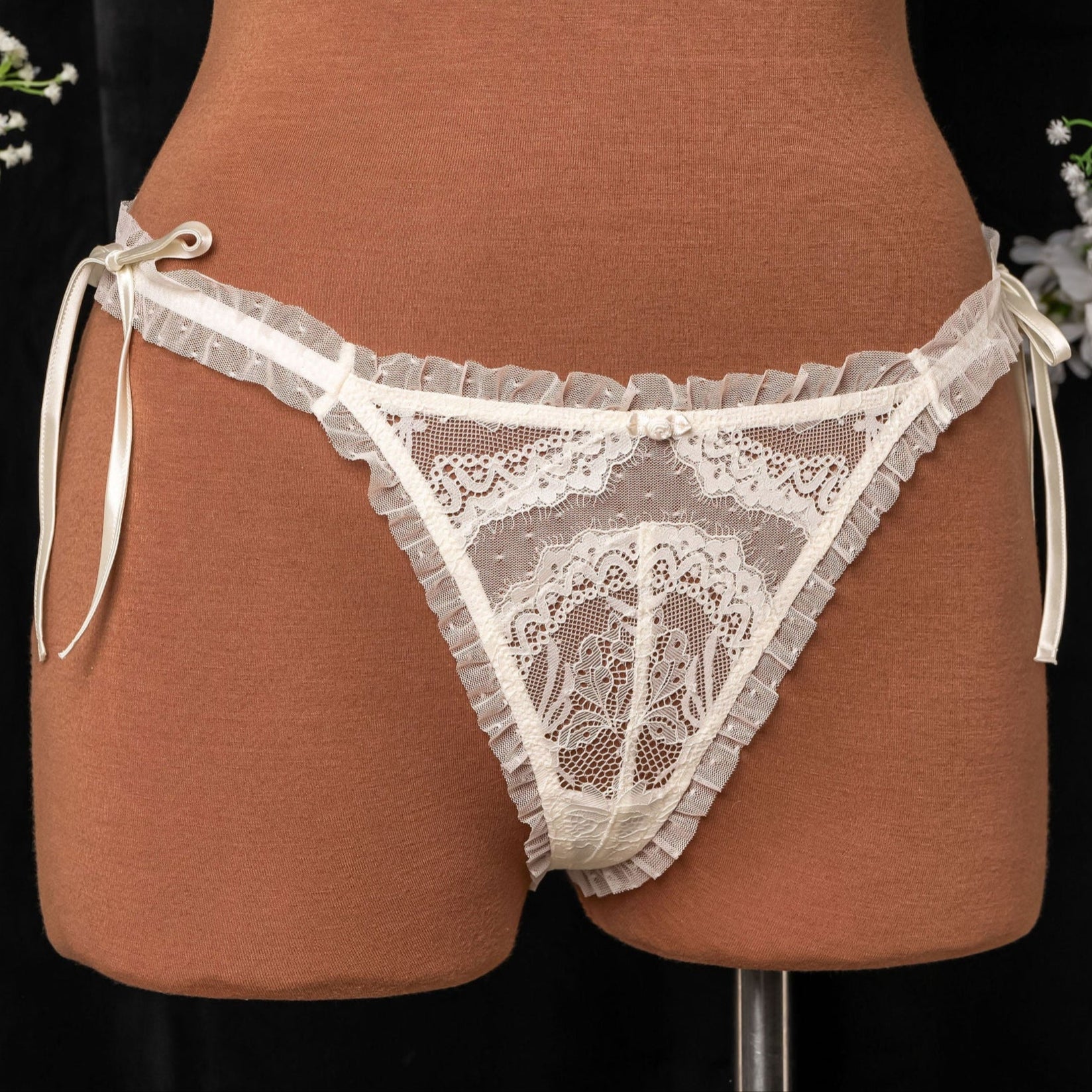 Lacy Ruffle Thong - Pearl - Image 6