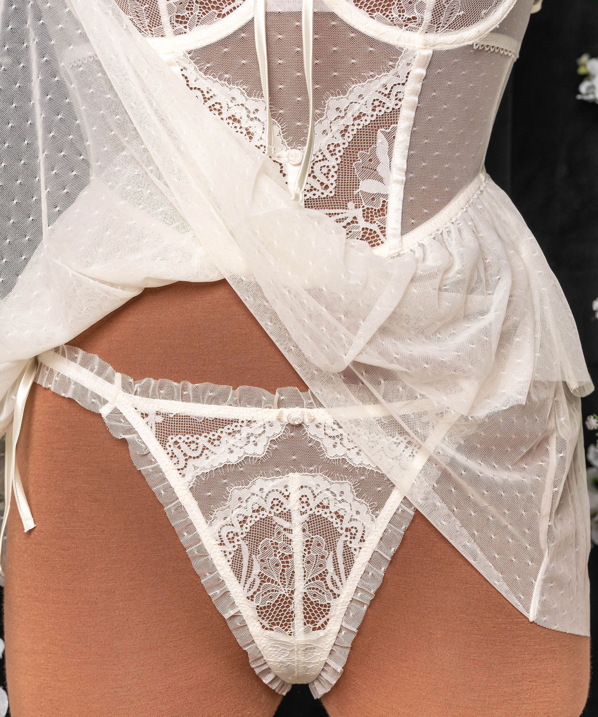 Lacy Ruffle Thong - Pearl - Image 9