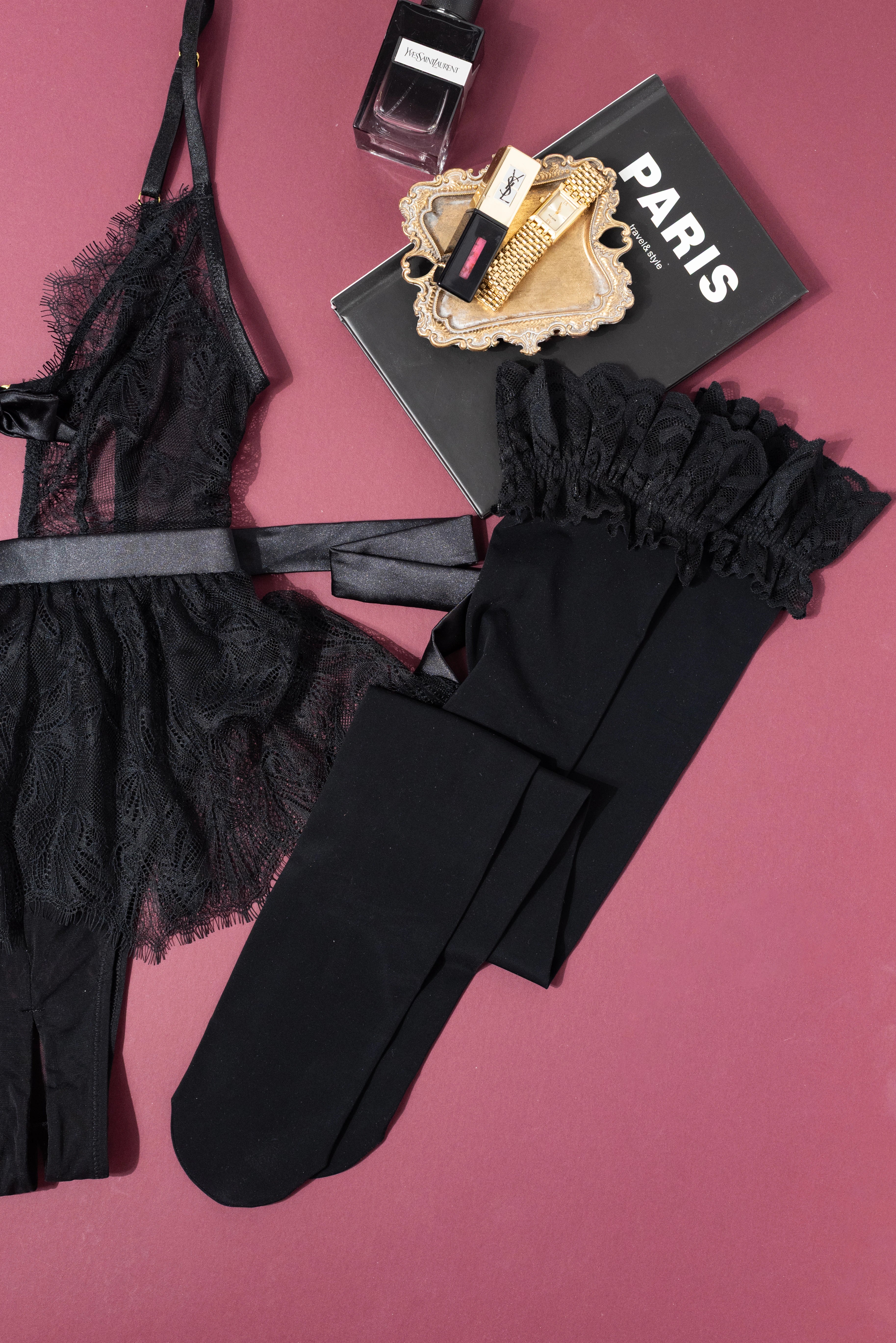 Lacy Thigh High Stockings - Black - Image 7