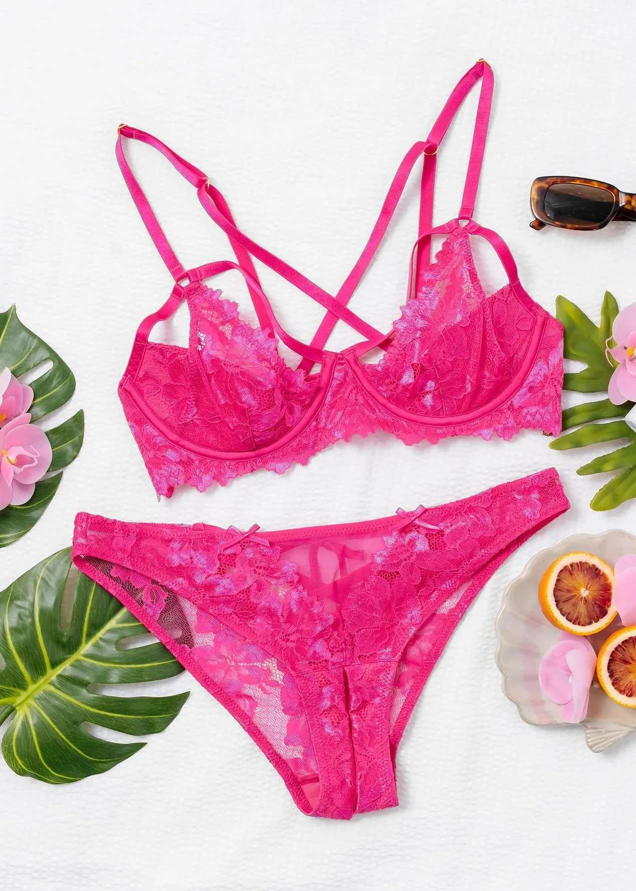 Lacy Underwire Padded Bralette - Hot Pink - Image 10