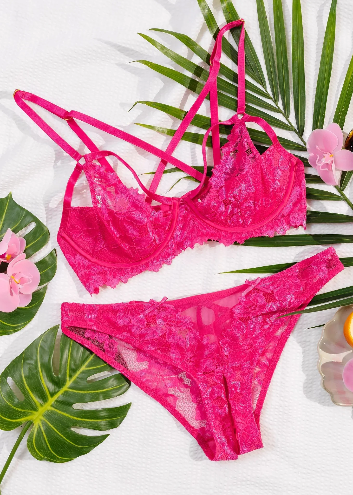 Lacy Underwire Padded Bralette - Hot Pink - Image 12